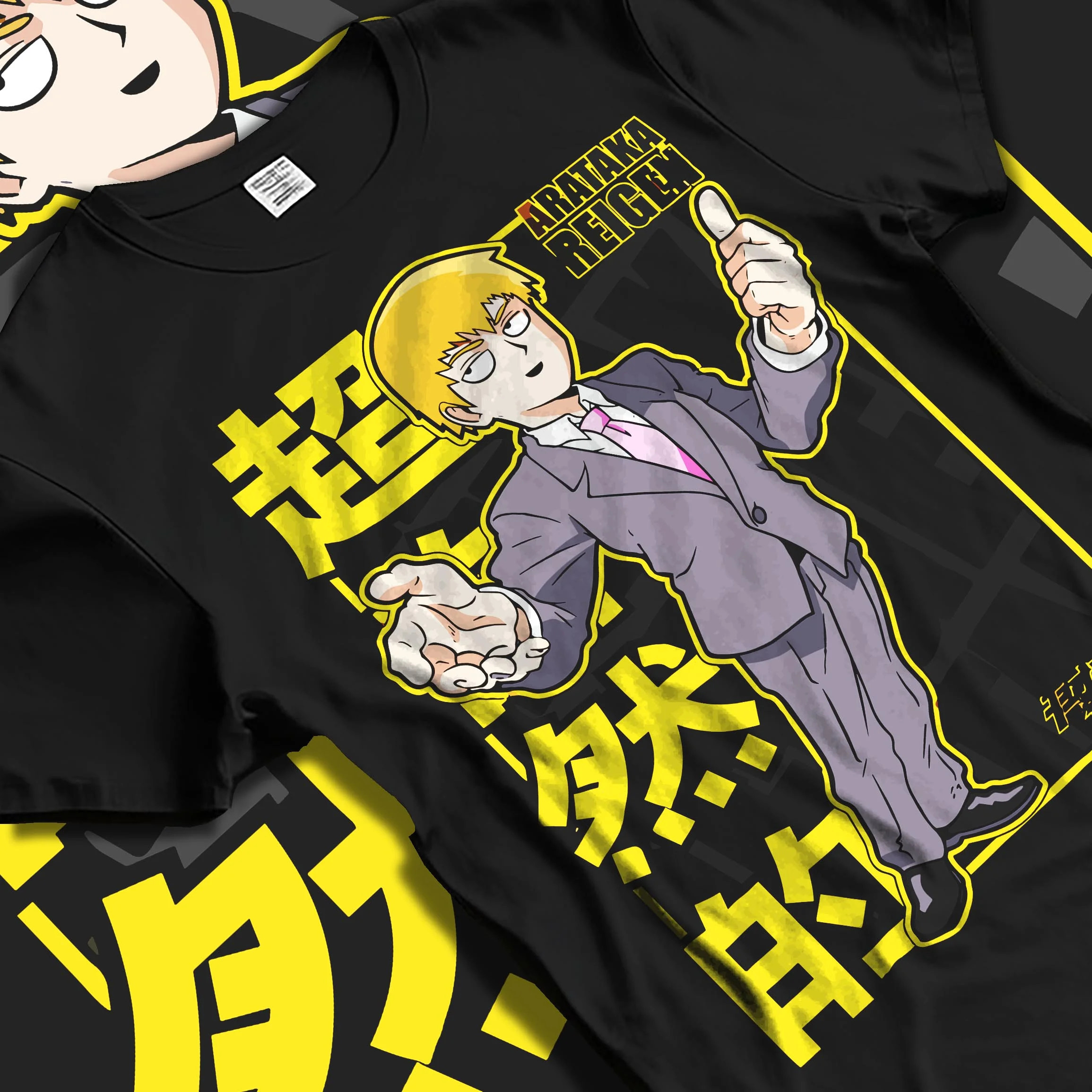 Black T-shirt laid flat with natural folds with Reigen Hoodie Mob Psycho 100 Master of Exorcism graphic streetwear graphic.
