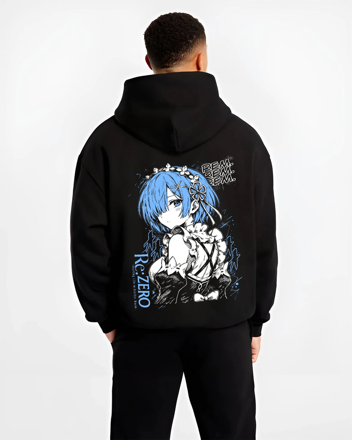 Black hoodie model back view showing Rem from Re:Zero: blue-haired maid portrait