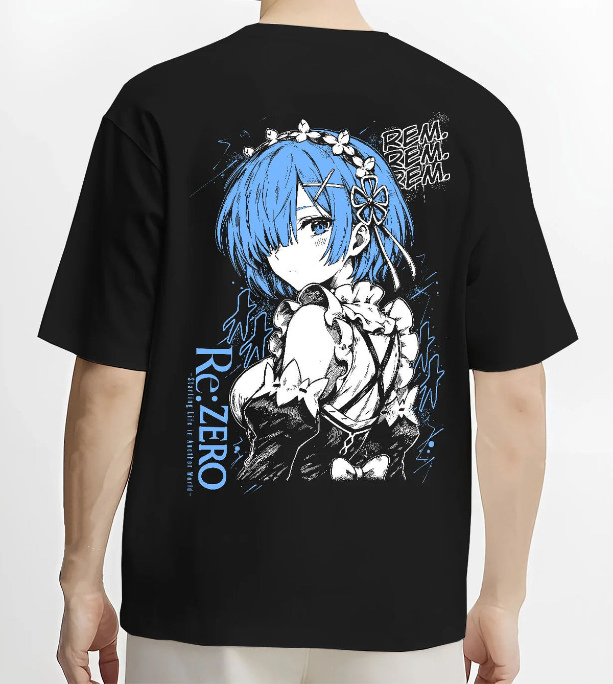 Black T-shirt model back view showing Rem from Re:Zero: blue-haired maid portrait