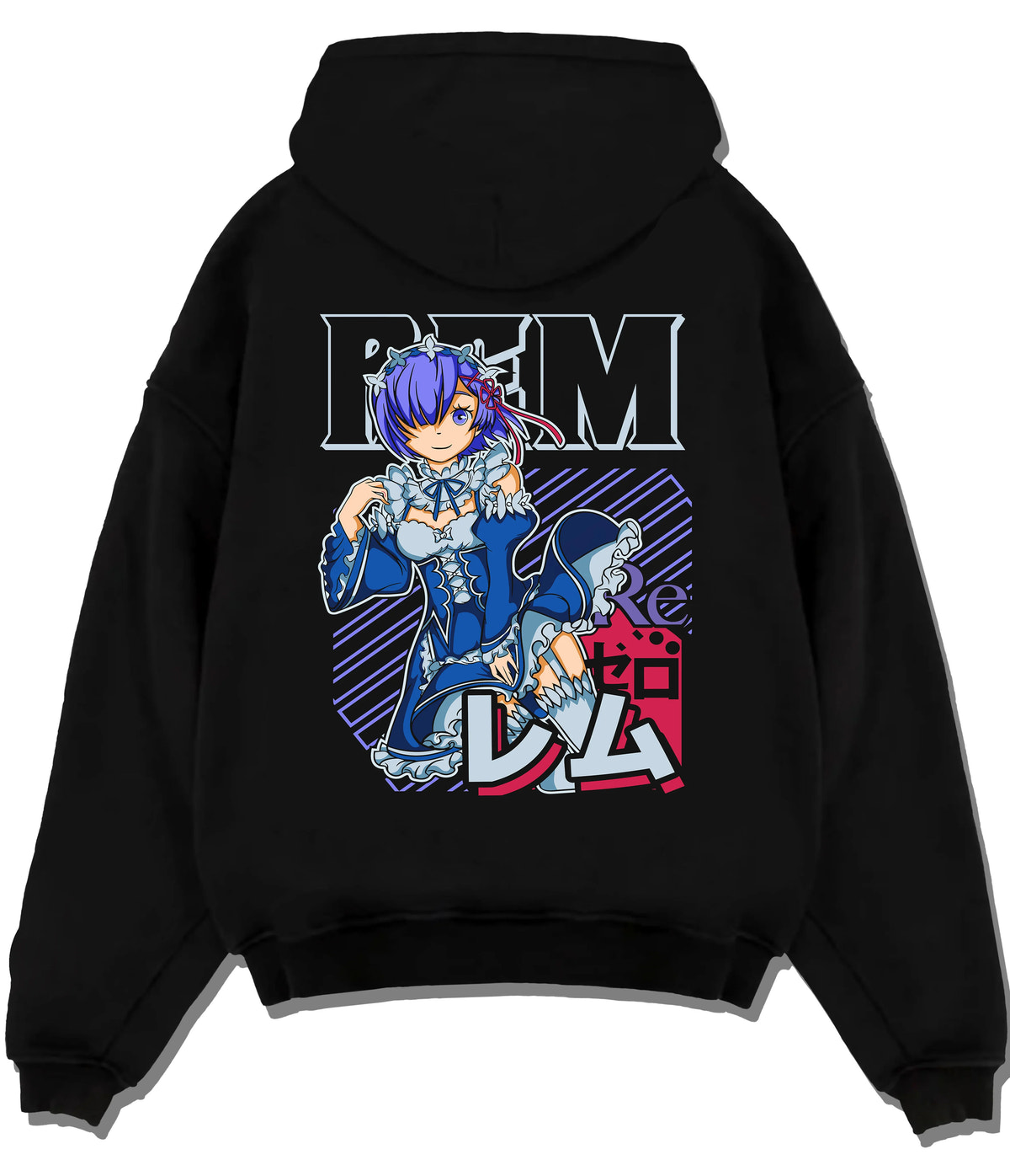 Black hoodie flat back view with Rem in blue maid outfit from Re:Zero illustrated back graphic
