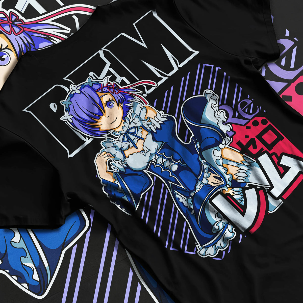 Black T-shirt flat back view with Rem in blue maid outfit from Re:Zero illustrated back graphic