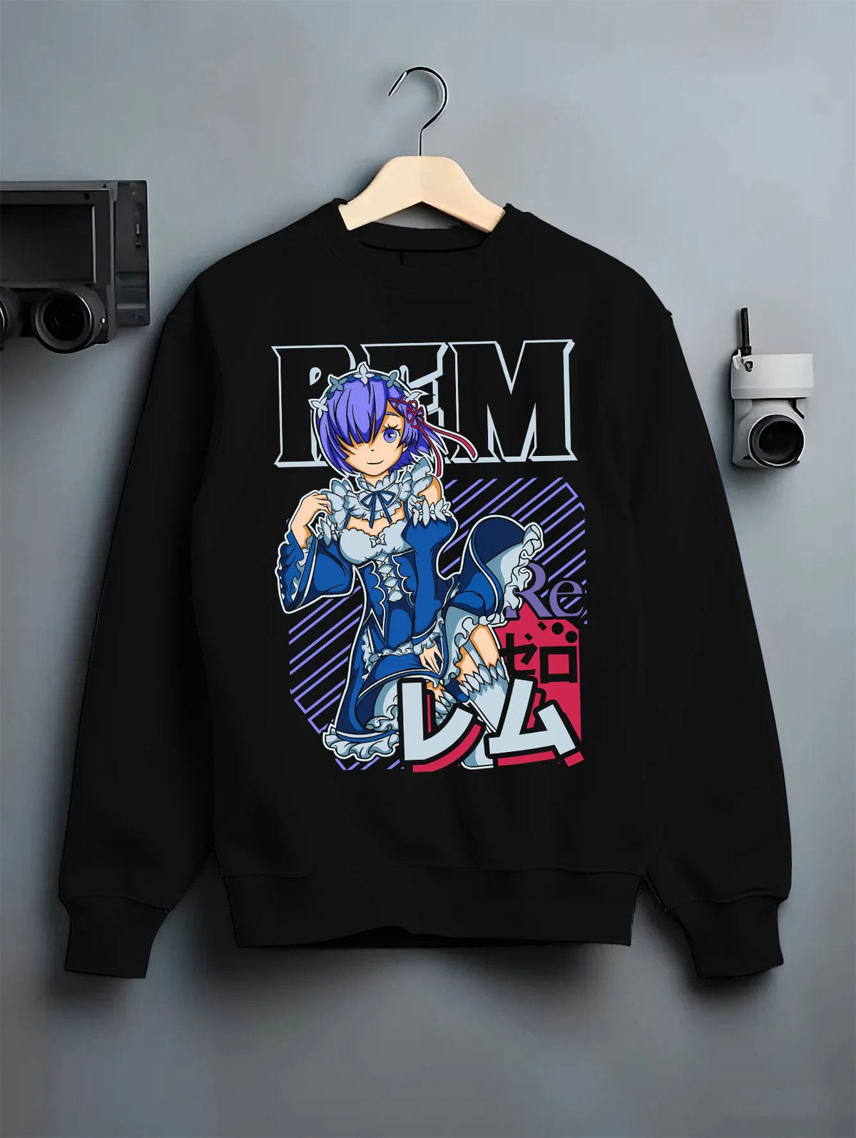 Black crewneck sweatshirt on hanger with Rem in blue maid outfit from Re:Zero illustrated back graphic