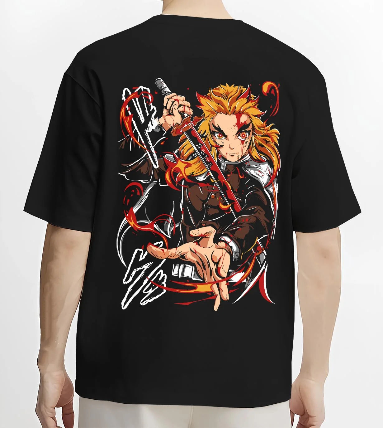 Black T-shirt worn by male model, back view with Kyojuro Rengoku Hoodie Demon Slayer Flame Pillar graphic streetwear graphic.