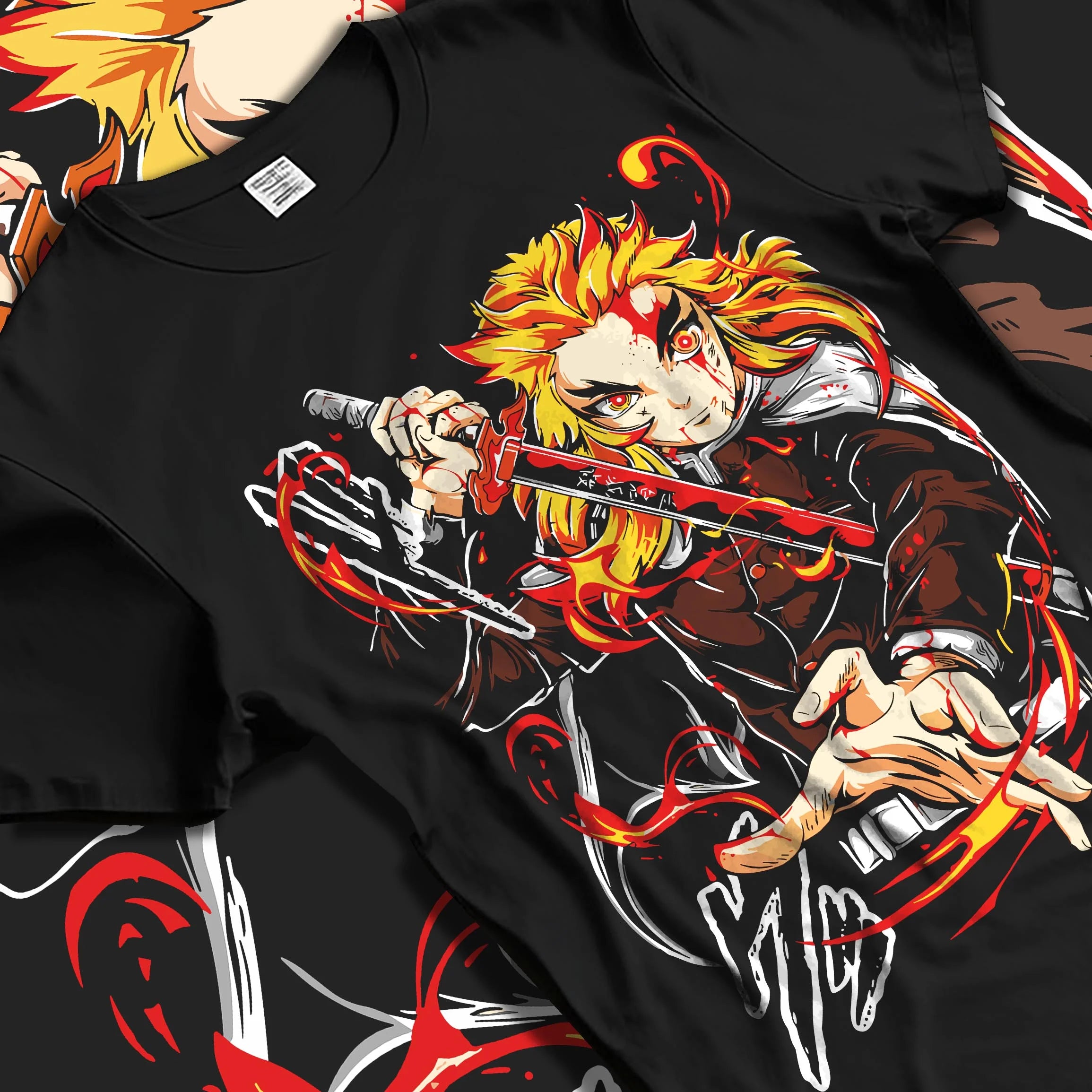 Black T-shirt laid flat with natural folds with Kyojuro Rengoku Hoodie Demon Slayer Flame Pillar graphic streetwear graphic.