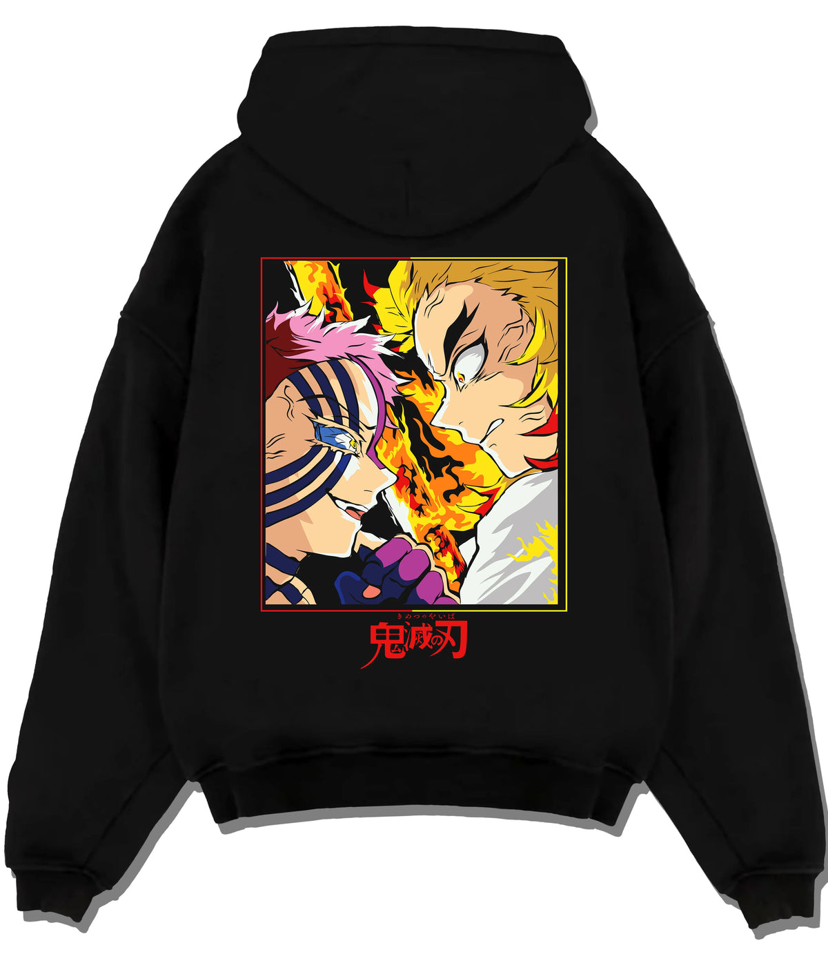 Black hoodie flat back view showing Kyojuro Rengoku from Demon Slayer: flame sword and blaze