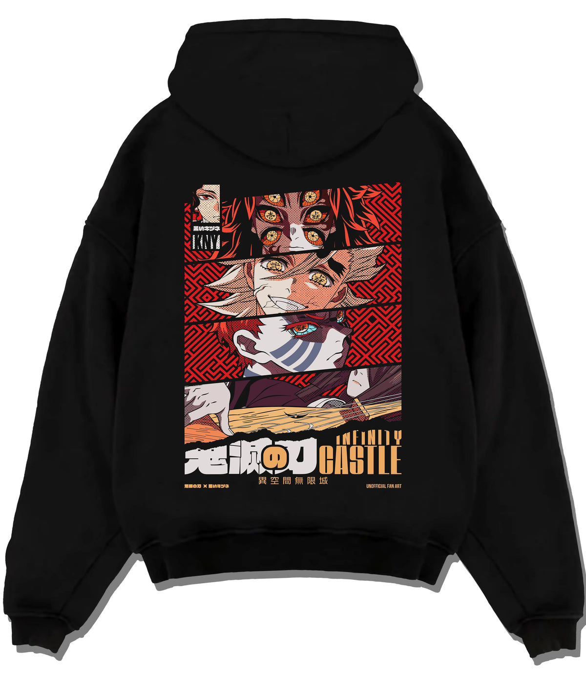 Black hoodie flat back view showing Kyojuro Rengoku from Demon Slayer: manga close-up