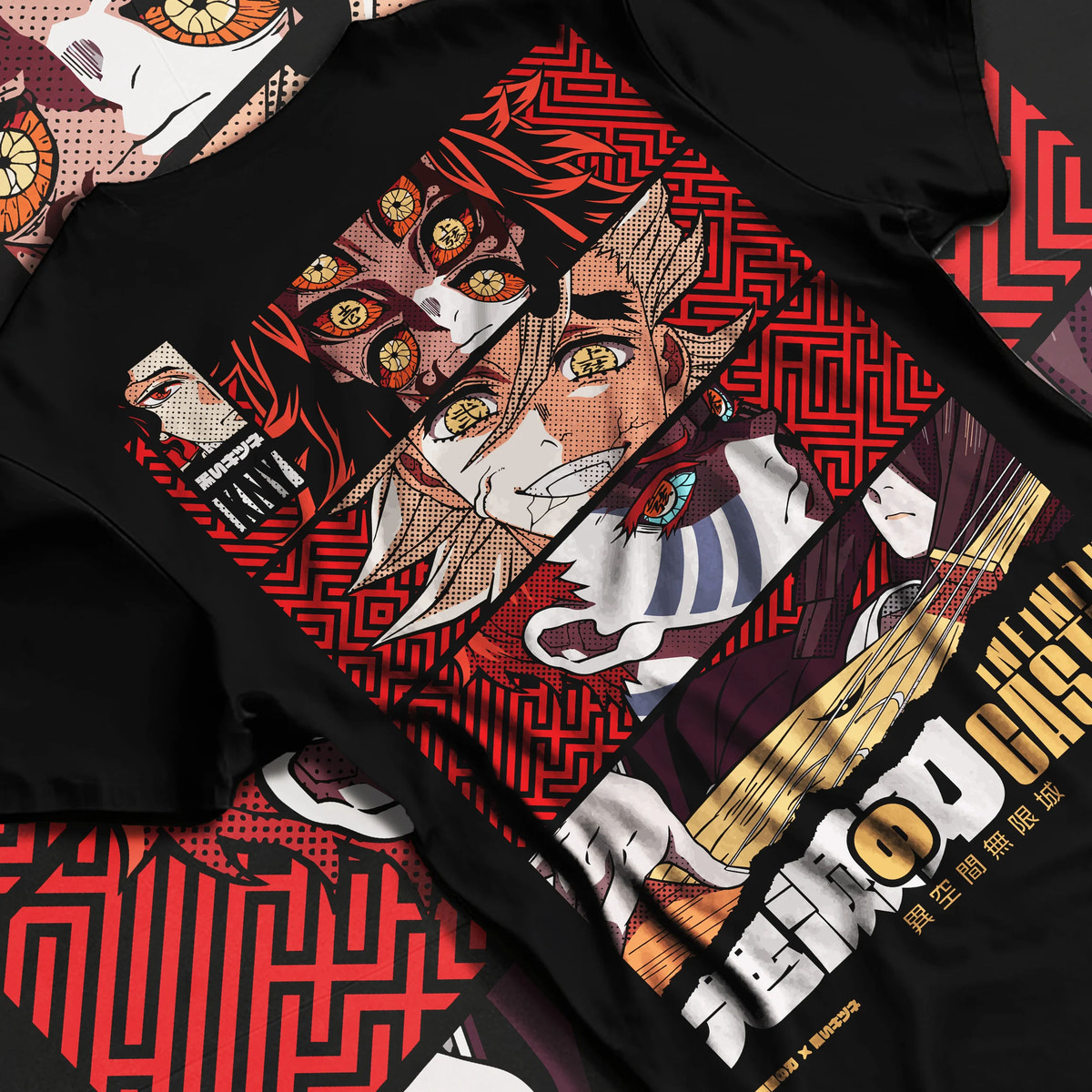 Black T-shirt flat back view showing Kyojuro Rengoku from Demon Slayer: manga close-up