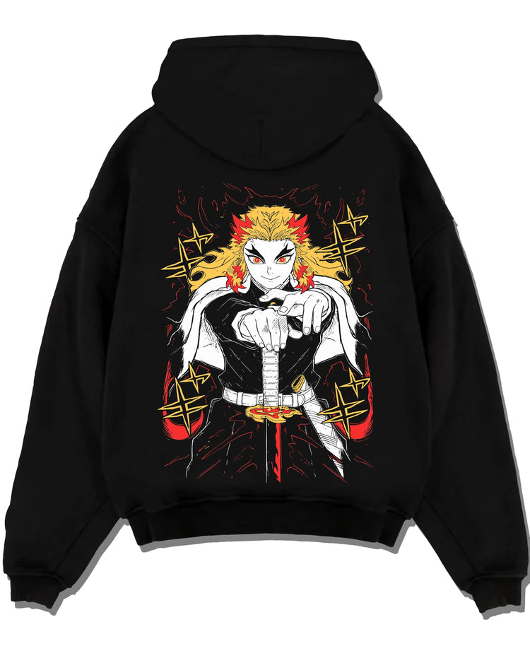 Black hoodie laid flat featuring Kyojuro Rengoku Flame Hashira Demon Slayer artwork.