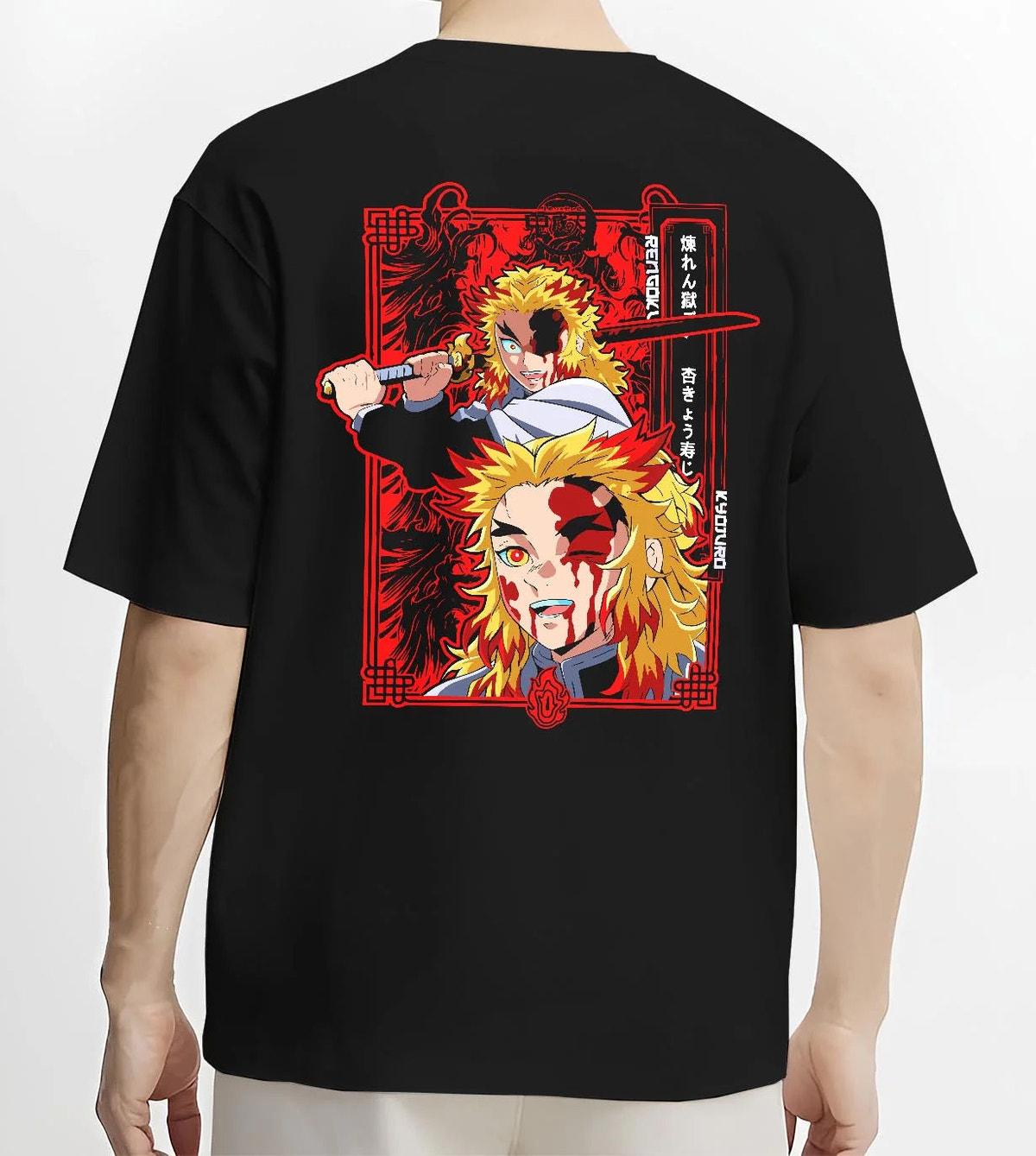Black T-shirt worn by male model from the back featuring Kyojuro Rengoku final battle Demon Slayer artwork.
