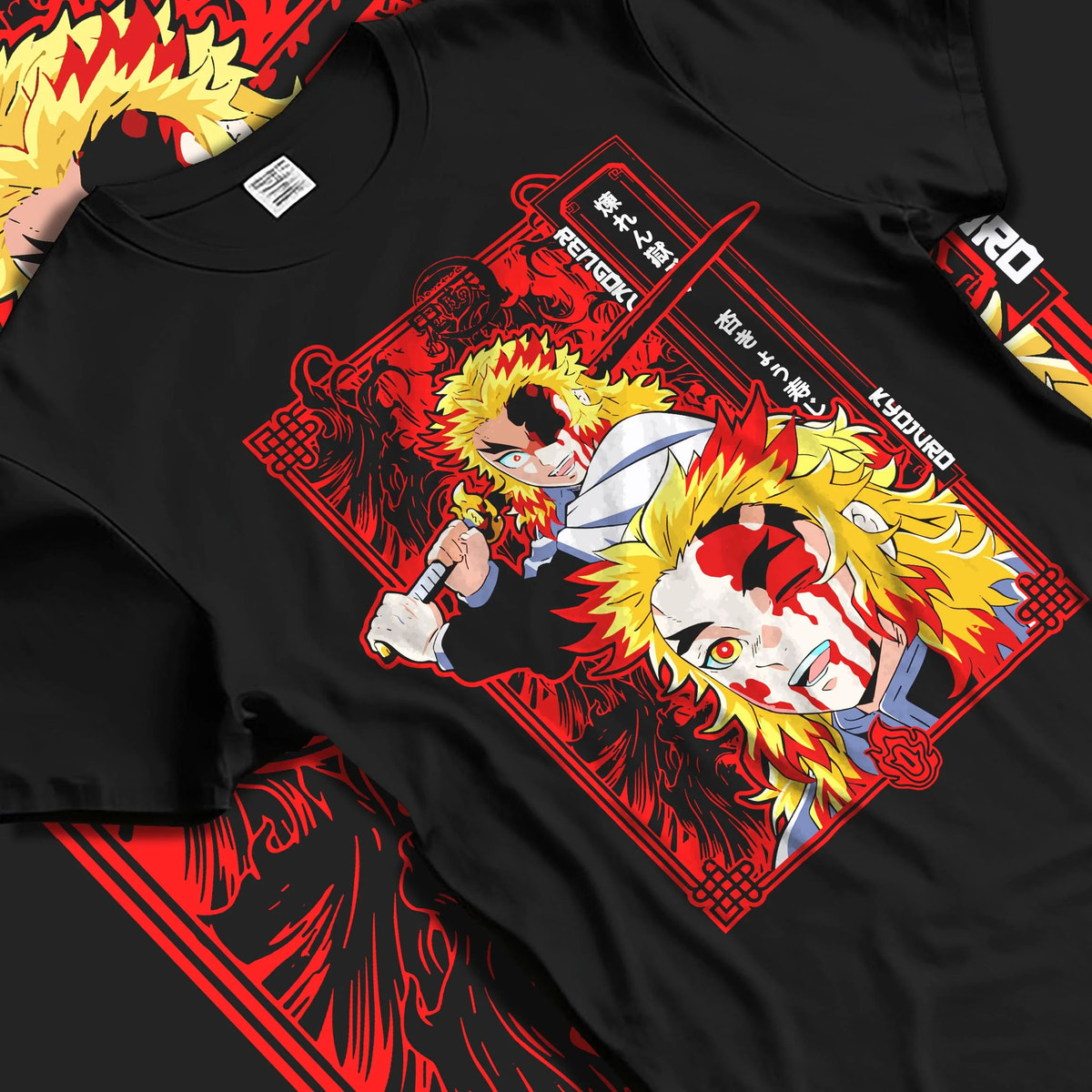 Black T-shirt laid flat with natural folds featuring Kyojuro Rengoku final battle Demon Slayer artwork.