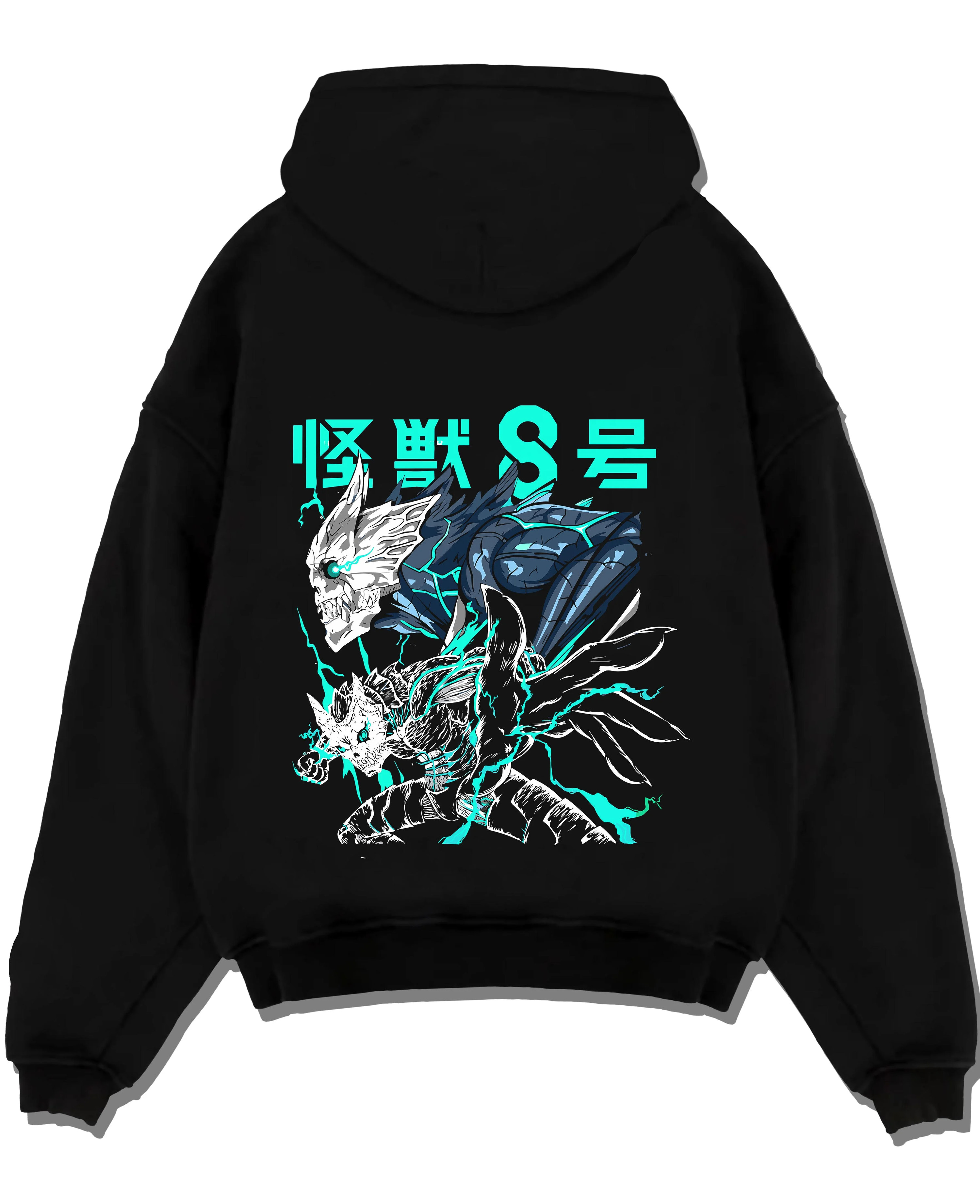Black pullover hoodie laid flat with Reno Ichikawa Hoodie Kaiju No. 8 Transformation graphic streetwear graphic.