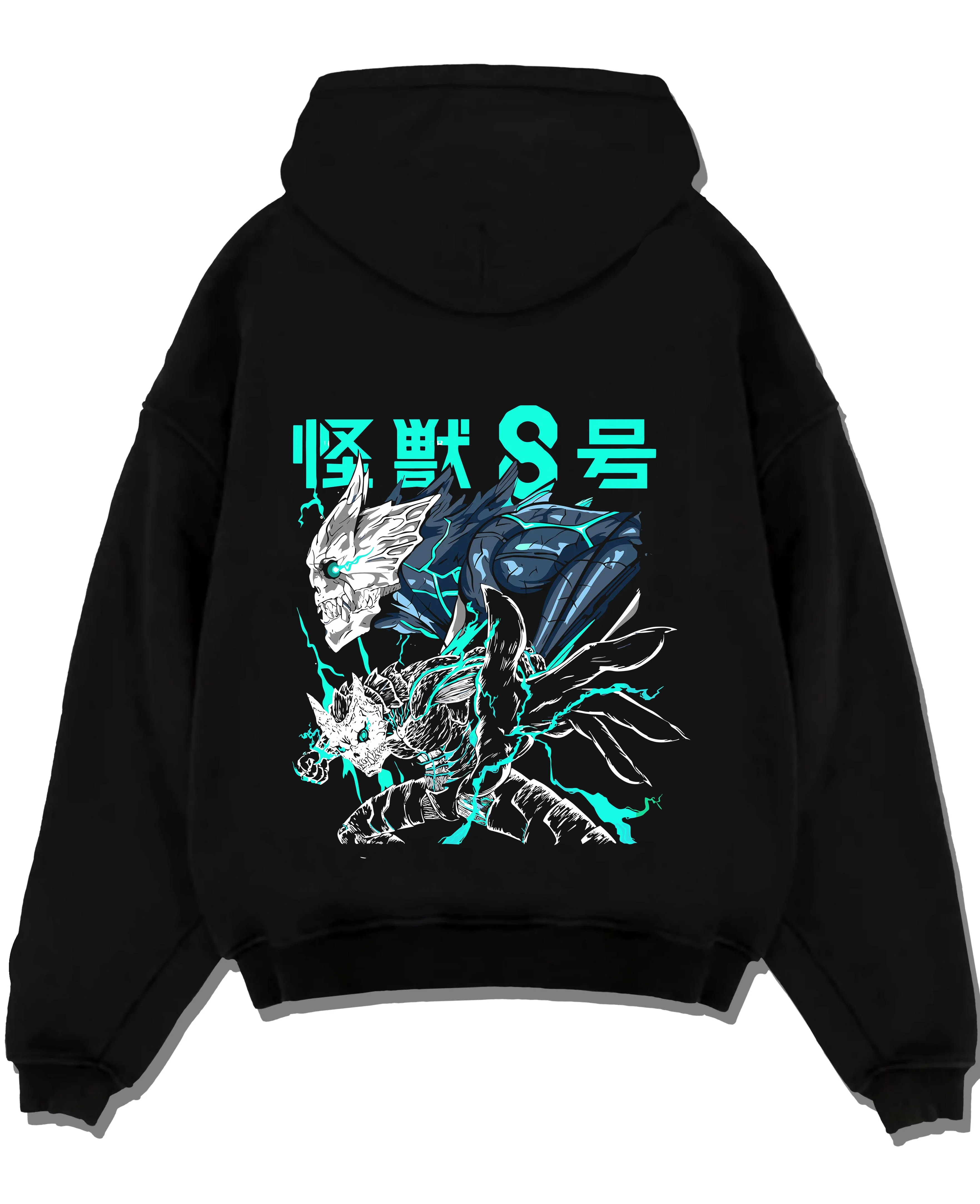 Black pullover hoodie laid flat with Reno Ichikawa Hoodie Kaiju No. 8 Transformation graphic streetwear graphic.