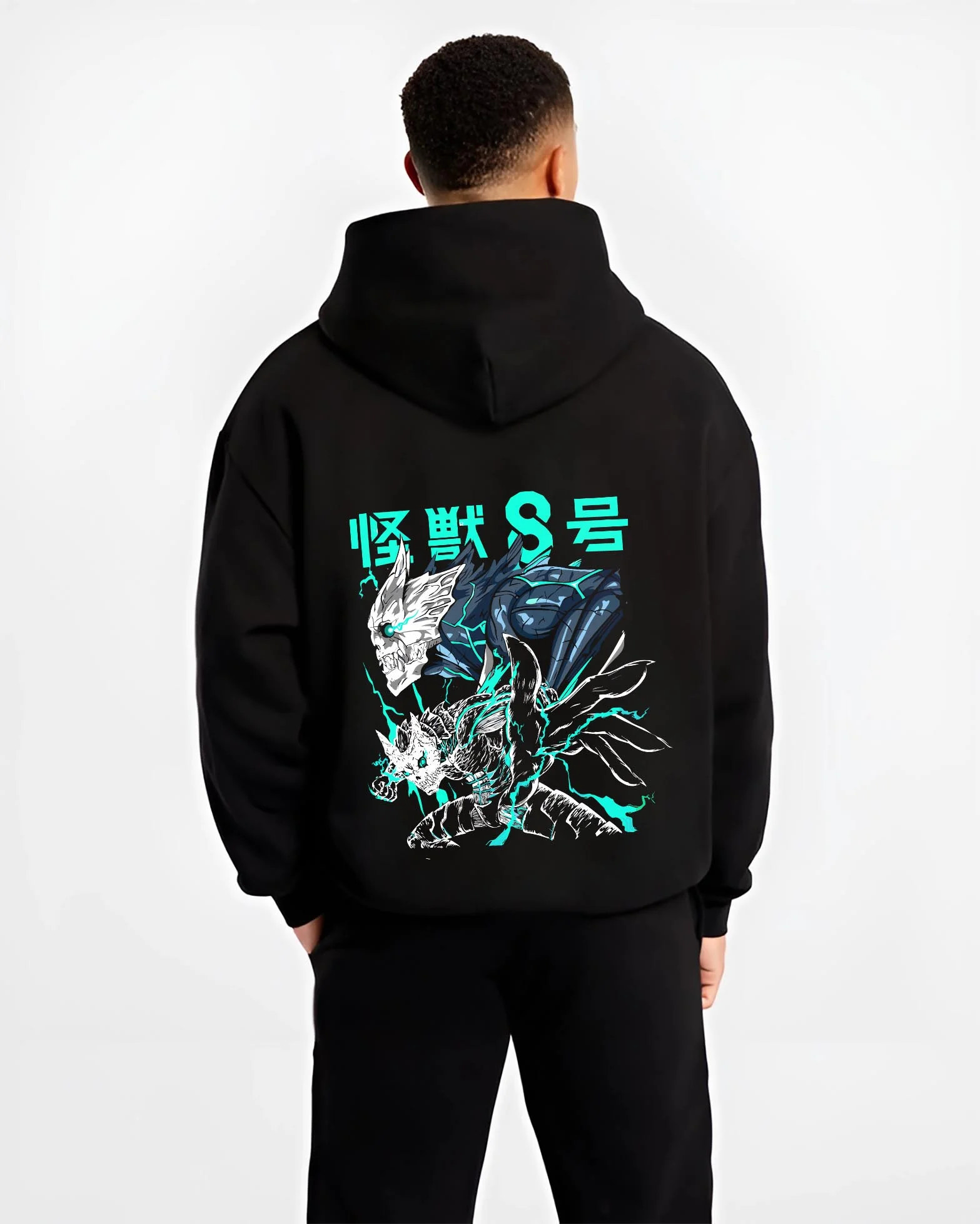 Black hoodie worn by male model, back view with Reno Ichikawa Hoodie Kaiju No. 8 Transformation graphic streetwear graphic.