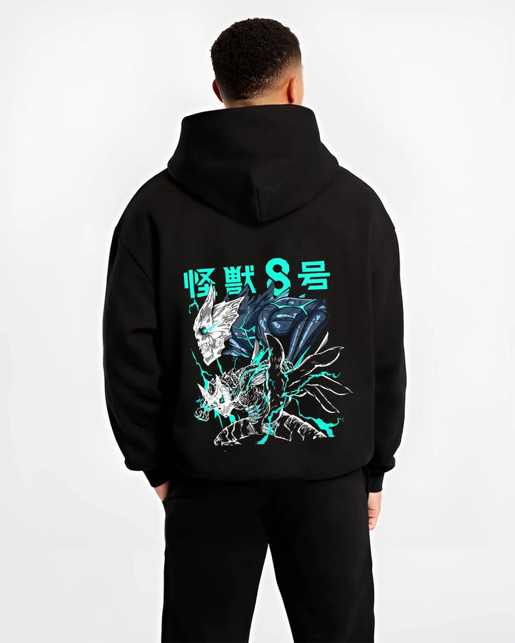 Black hoodie worn by male model, back view with Reno Ichikawa Hoodie Kaiju No. 8 Transformation graphic streetwear graphic.
