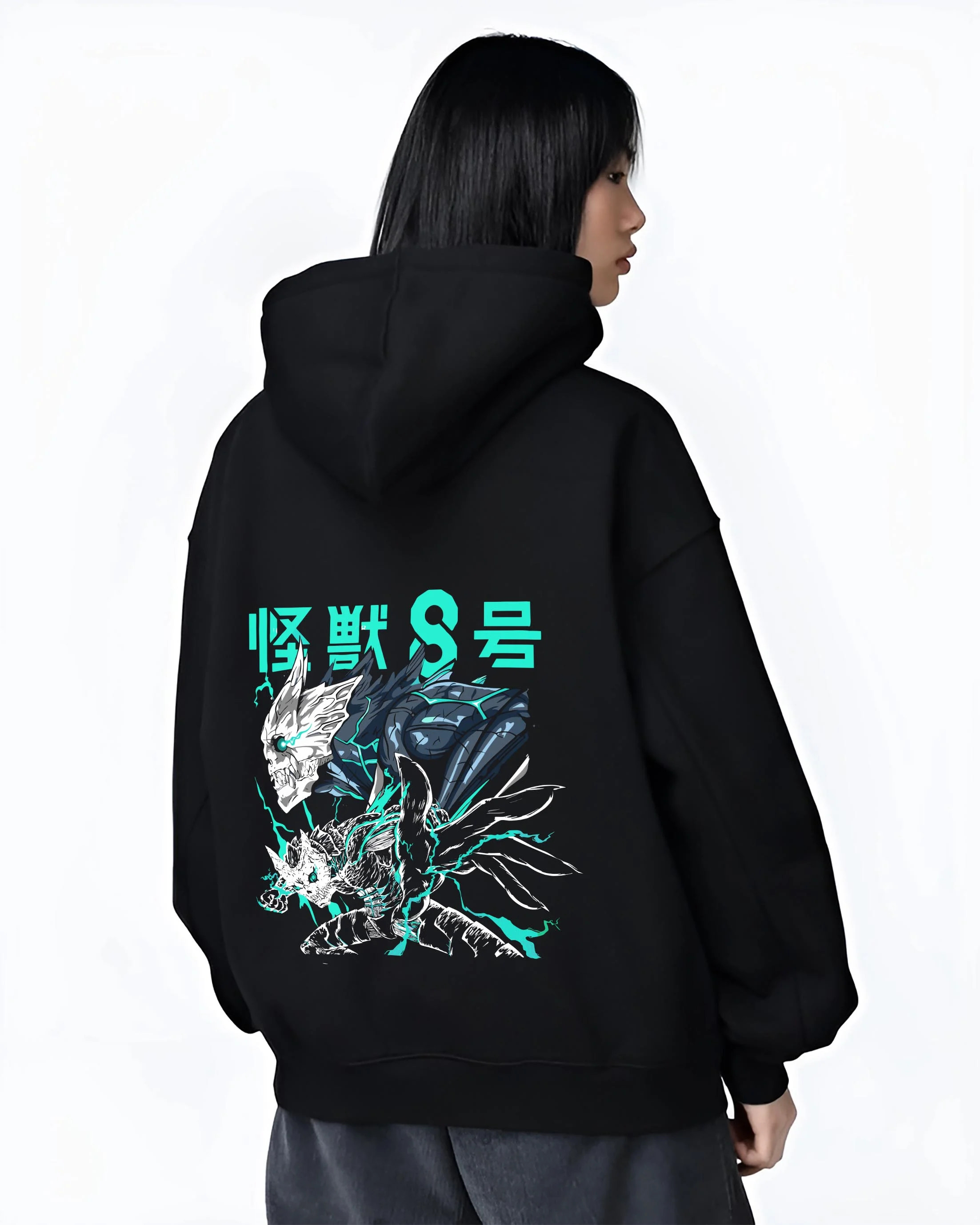 Black hoodie worn by female model, back view with Reno Ichikawa Hoodie Kaiju No. 8 Transformation graphic streetwear graphic.