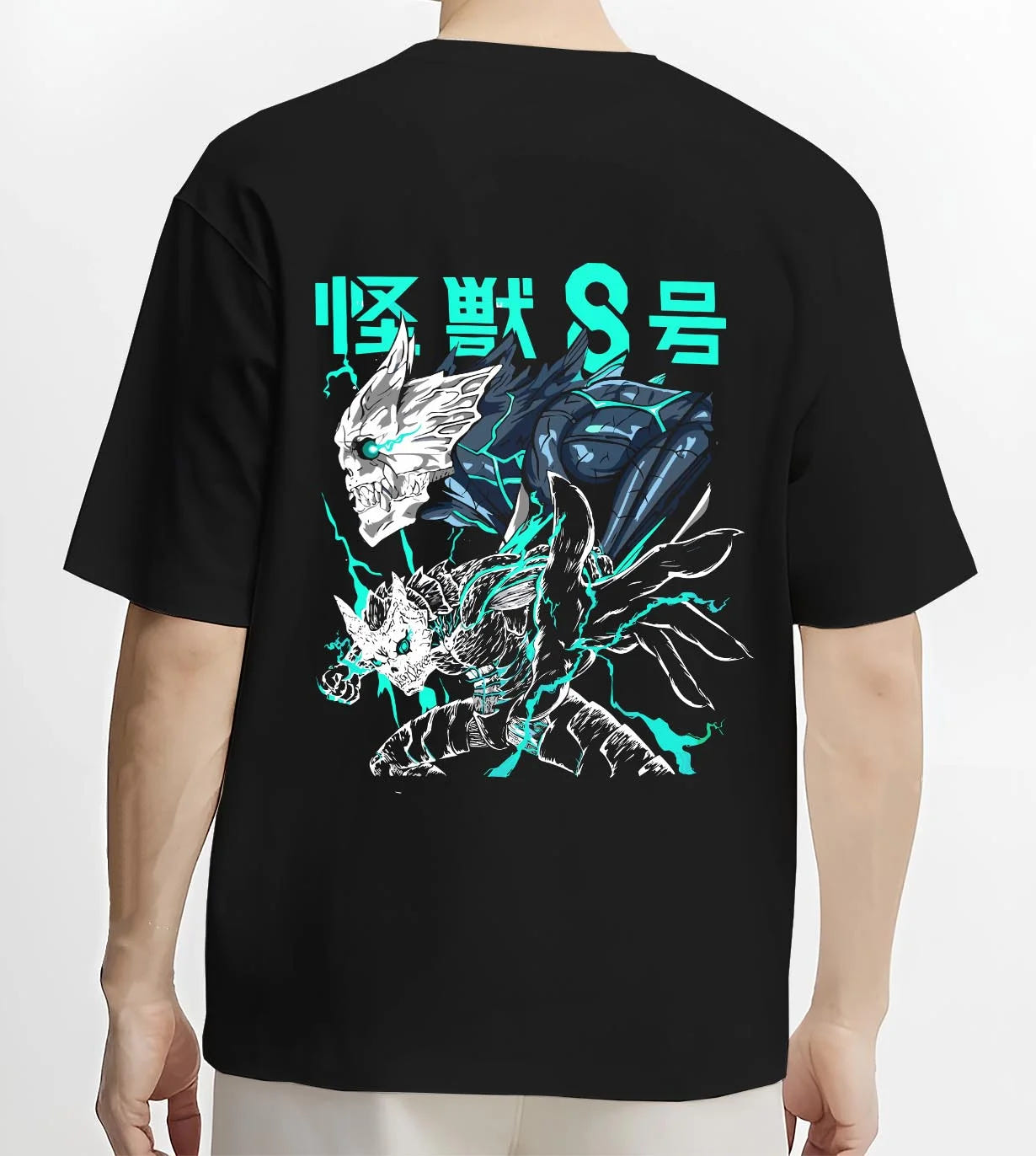 Black T-shirt worn by male model, back view with Reno Ichikawa Hoodie Kaiju No. 8 Transformation graphic premium wear.