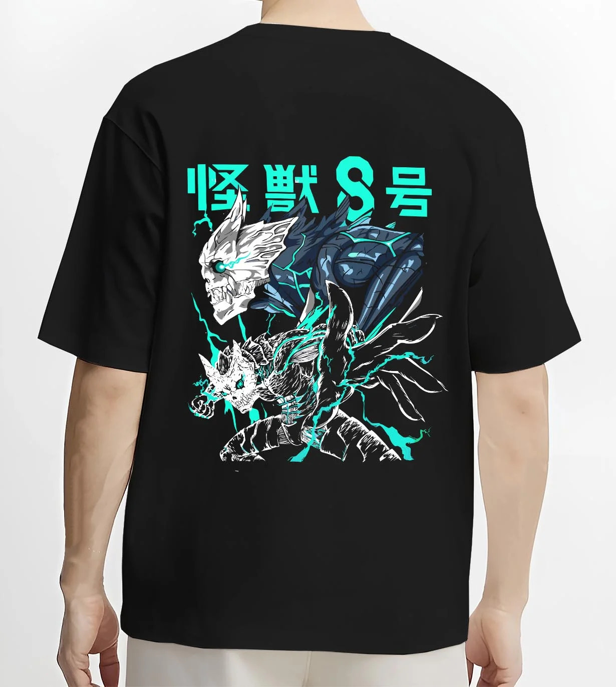 Black T-shirt worn by male model, back view with Reno Ichikawa Hoodie Kaiju No. 8 Transformation graphic premium wear.