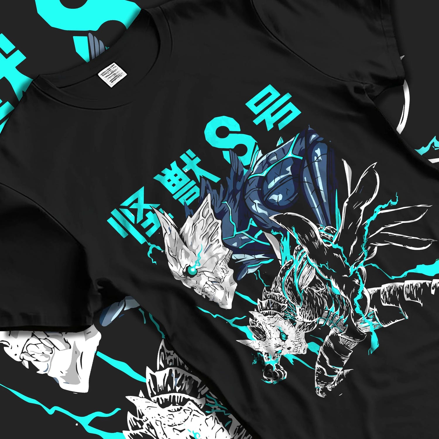 Black T-shirt laid flat with natural folds with Reno Ichikawa Hoodie Kaiju No. 8 Transformation graphic premium wear.