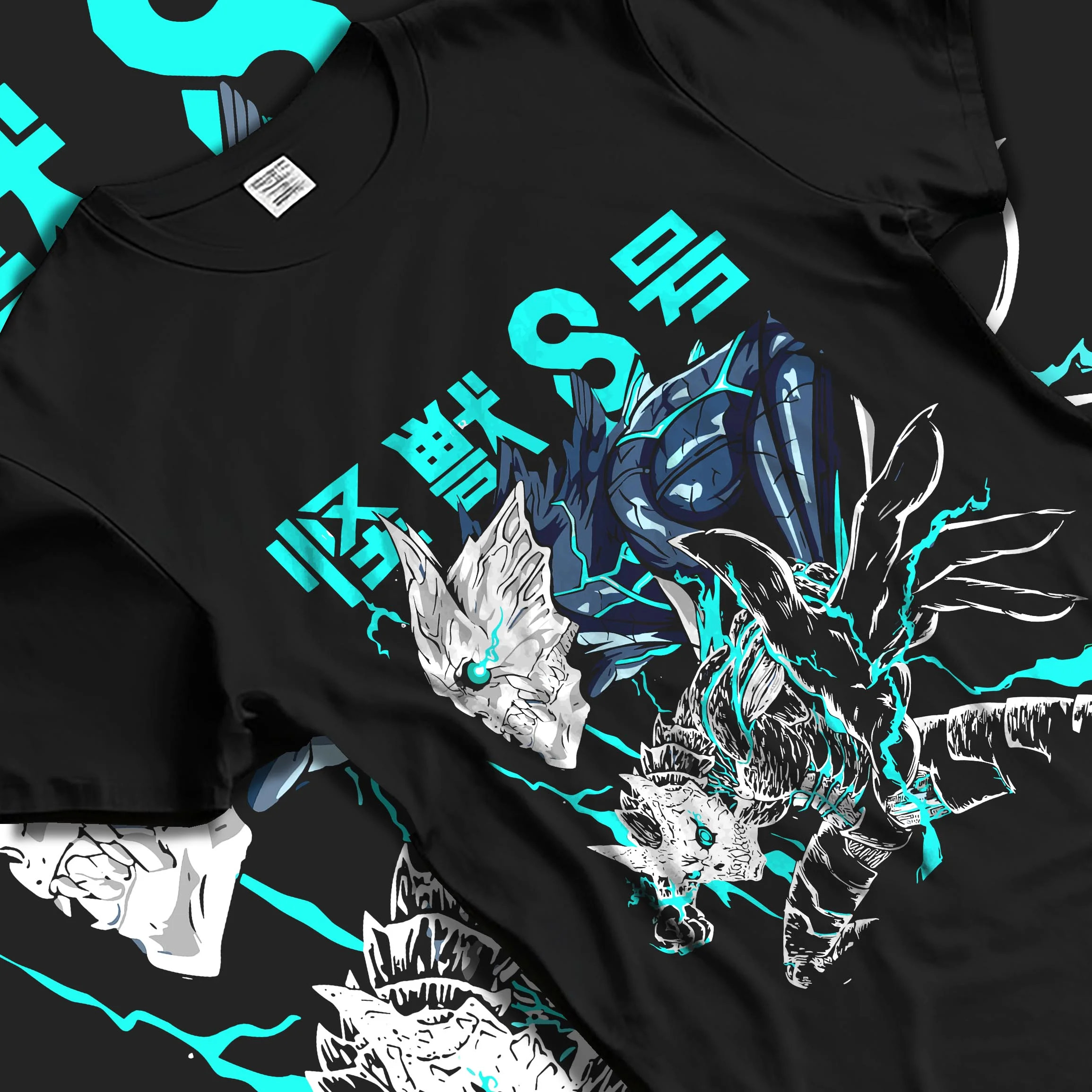 Black T-shirt laid flat with natural folds with Reno Ichikawa Hoodie Kaiju No. 8 Transformation graphic premium wear.