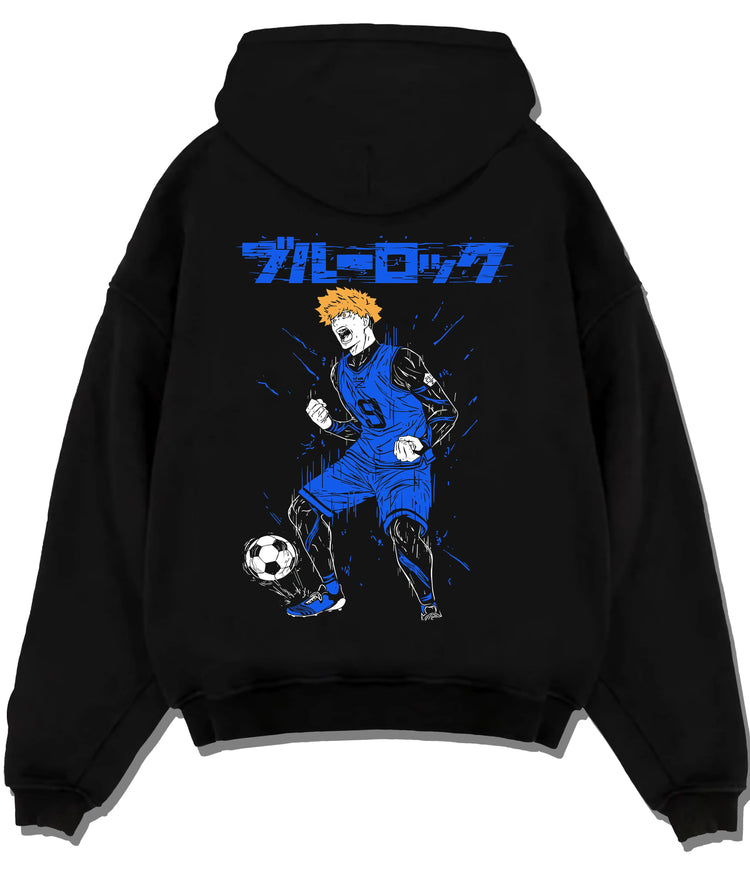 Black hoodie flat back view showing Rensuke Kunigami from Blue Lock: football illustration