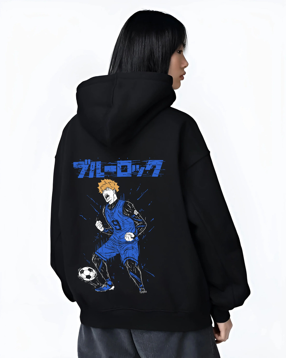 Black hoodie female model back view showing Rensuke Kunigami from Blue Lock: football illustration