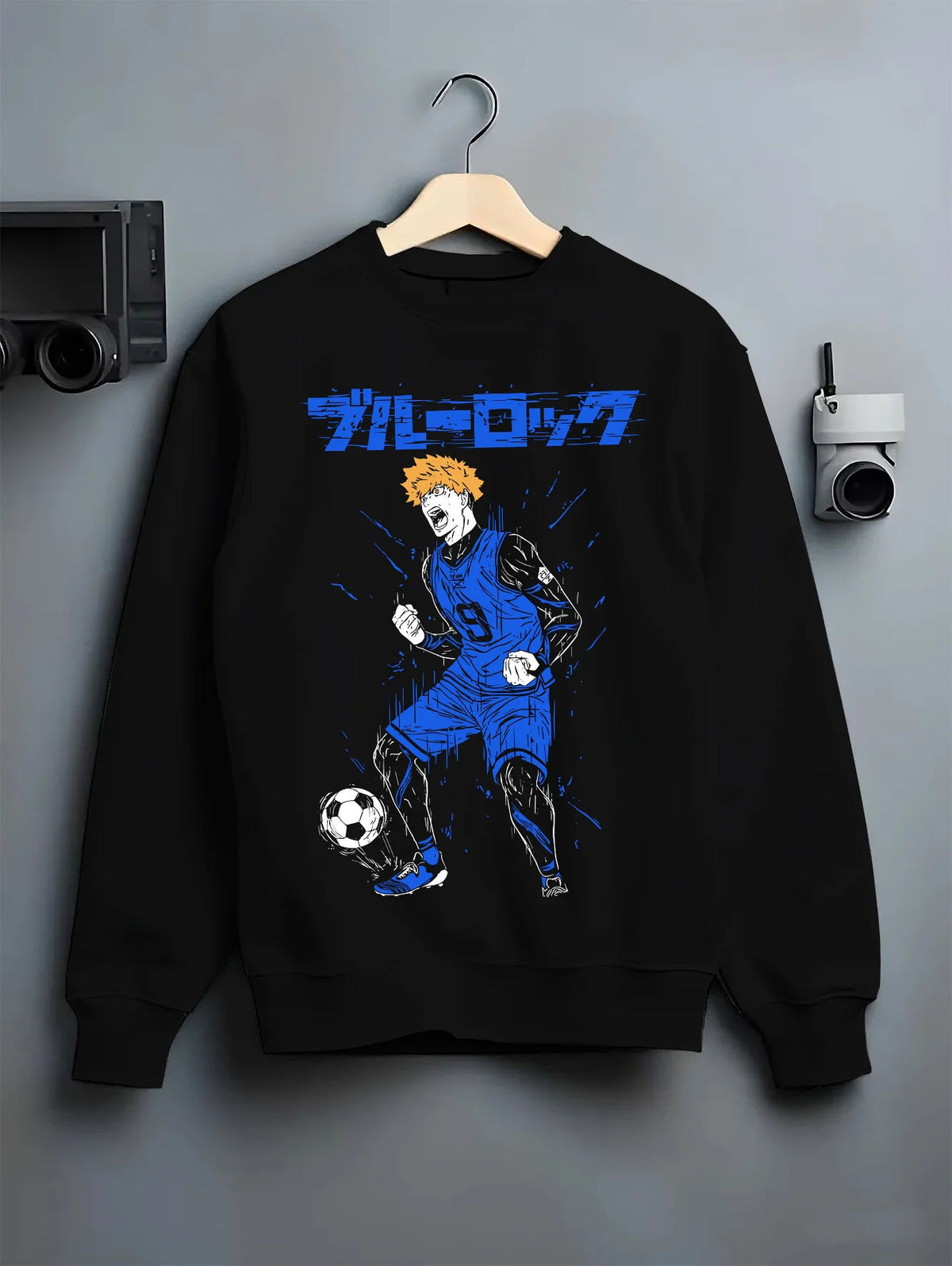 Black crewneck sweatshirt on hanger showing Rensuke Kunigami from Blue Lock: football illustration