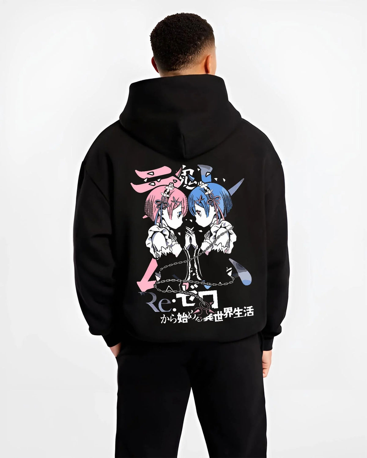 Black hoodie worn by male model from the back featuring Rem and Ram twin maids Re:Zero artwork.
