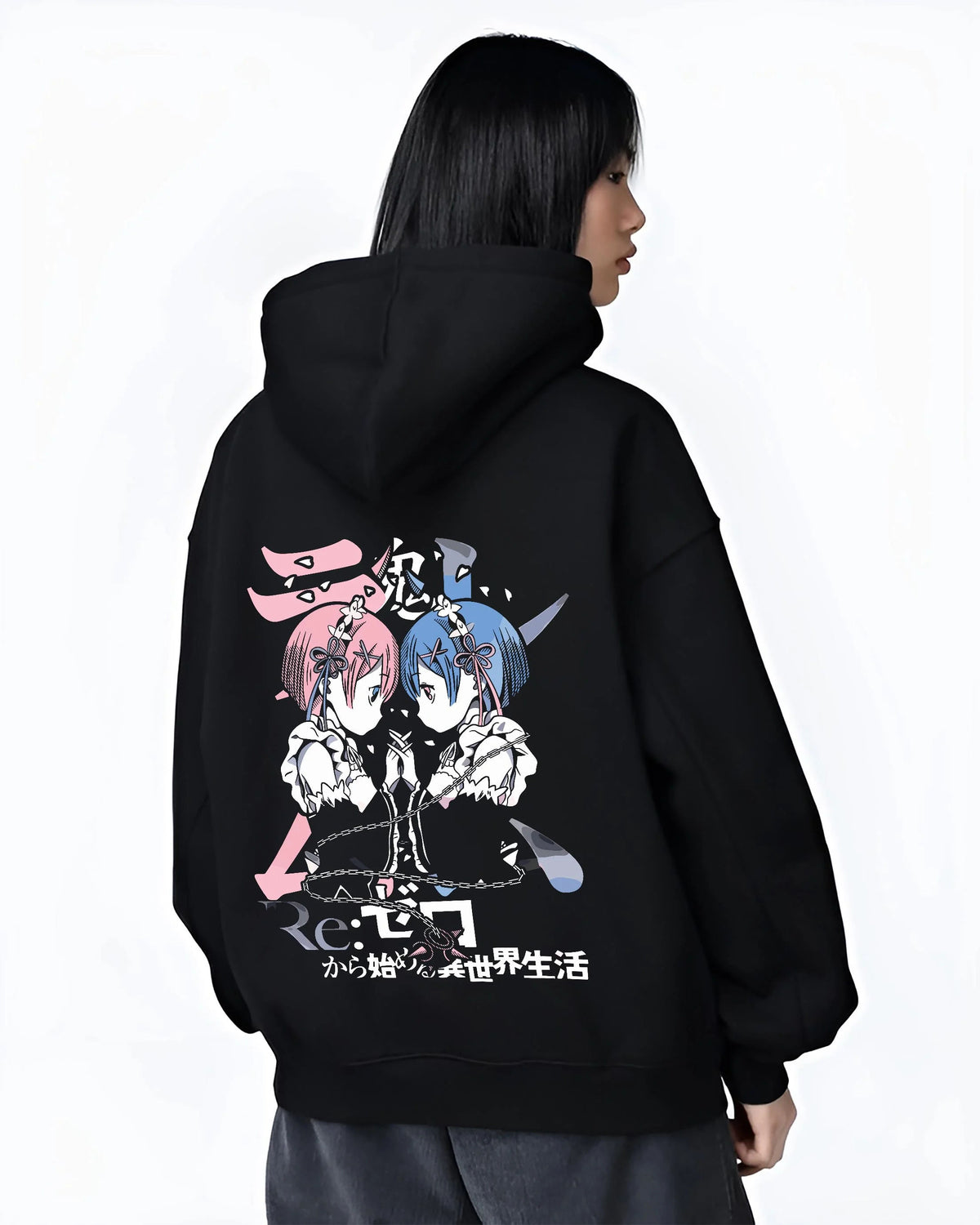 Black hoodie worn by female model from the back featuring Rem and Ram twin maids Re:Zero artwork.