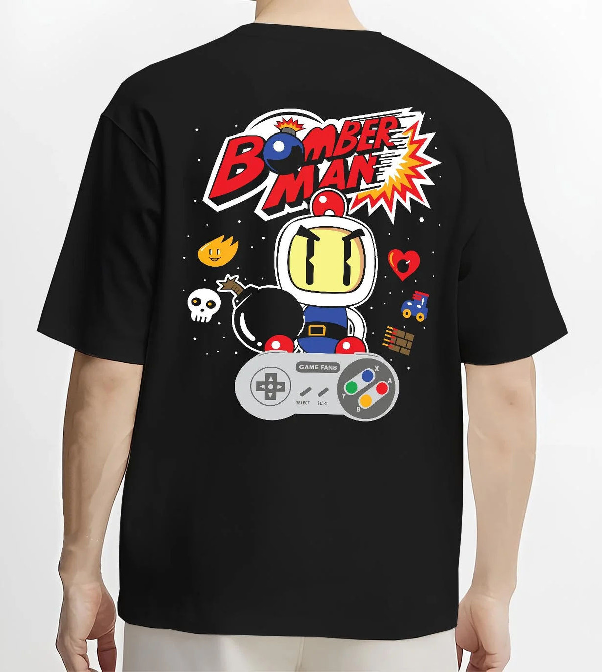 Black T-shirt worn by male model from the back featuring Bomberman retro 8-bit arcade artwork.
