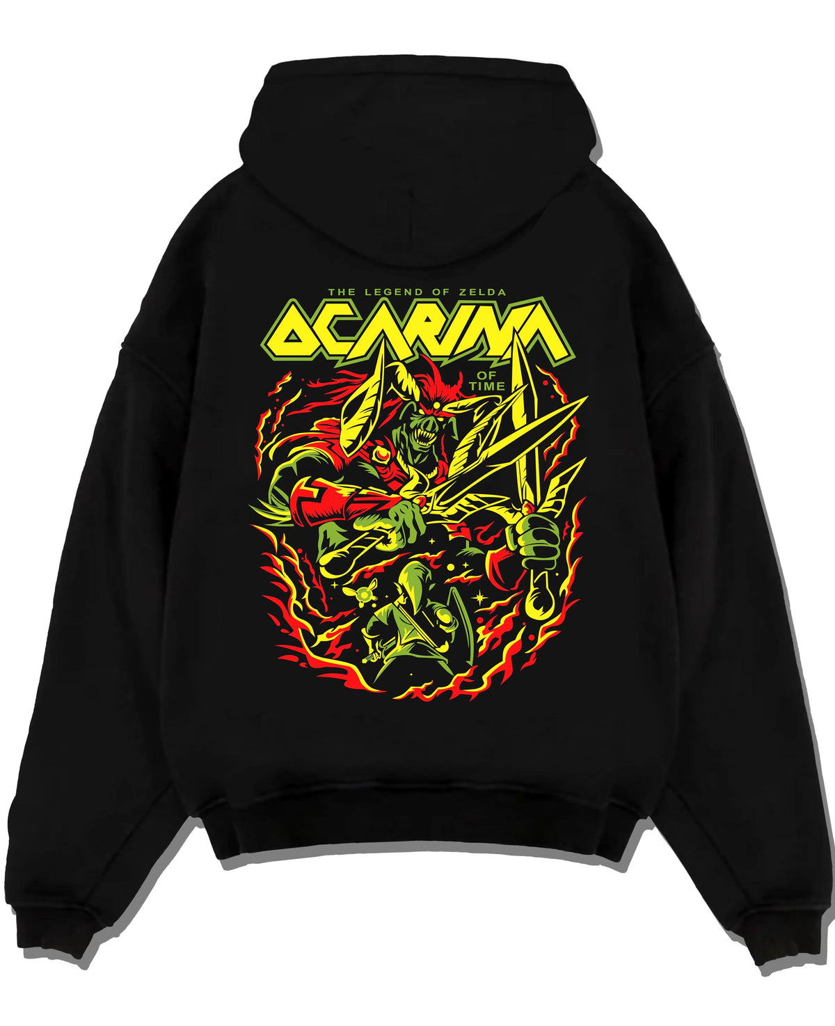 Black hoodie laid flat featuring Link Ocarina of Time hero The Legend of Zelda artwork.