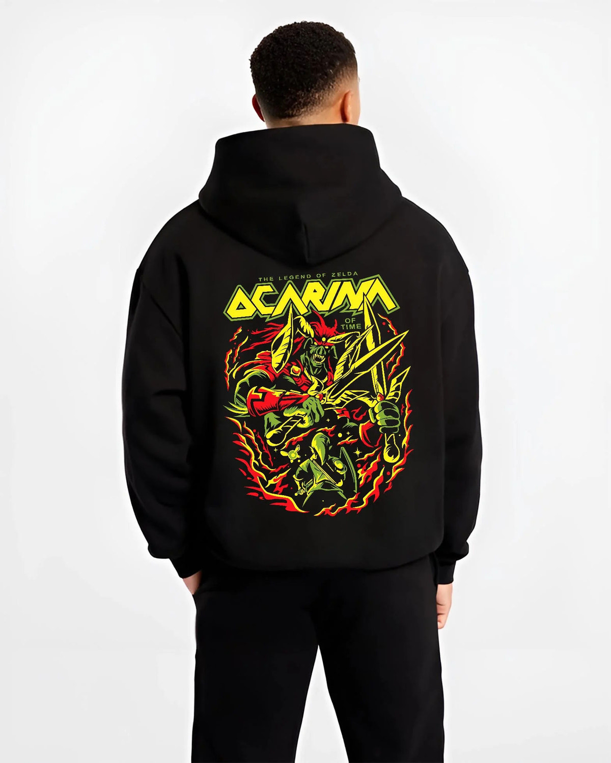 Black hoodie worn by male model from the back featuring Link Ocarina of Time hero The Legend of Zelda artwork.