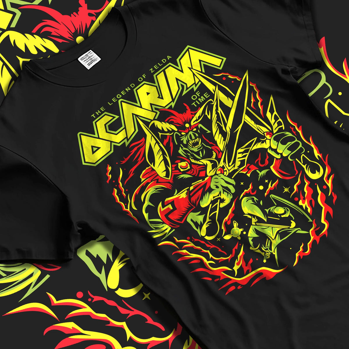 Black T-shirt laid flat with natural folds featuring Link Ocarina of Time hero The Legend of Zelda artwork.