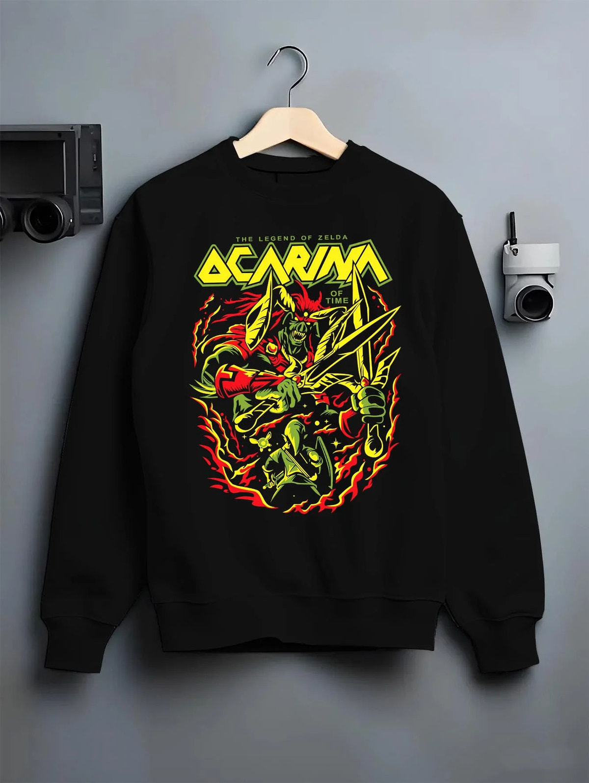 Black crewneck sweatshirt on hanger featuring Link Ocarina of Time hero The Legend of Zelda artwork.