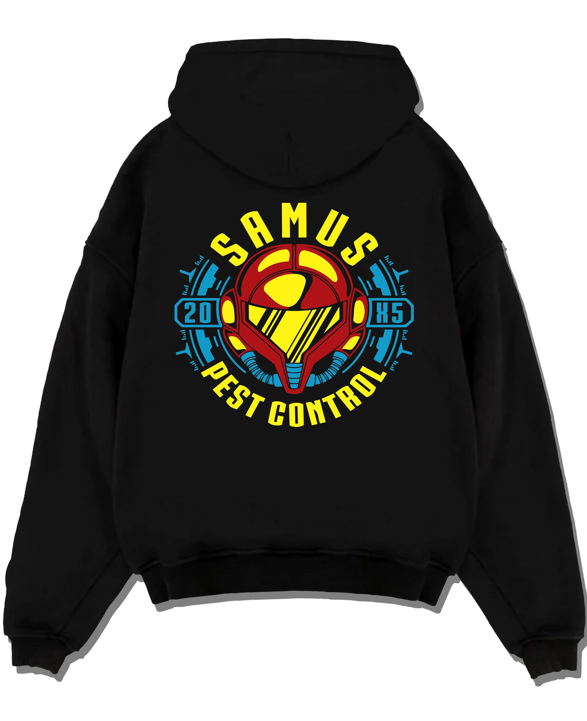 Black hoodie laid flat featuring Samus Aran pest control bounty hunter Metroid artwork.