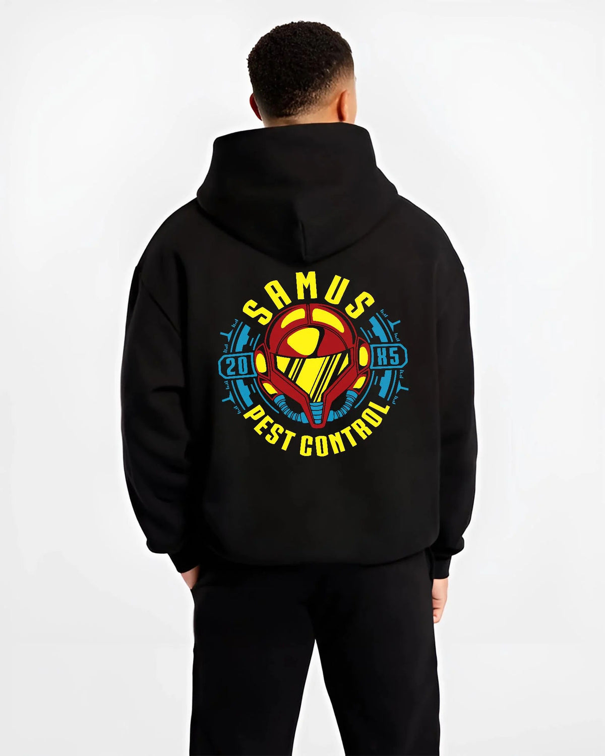 Black hoodie worn by male model from the back featuring Samus Aran pest control bounty hunter Metroid artwork.