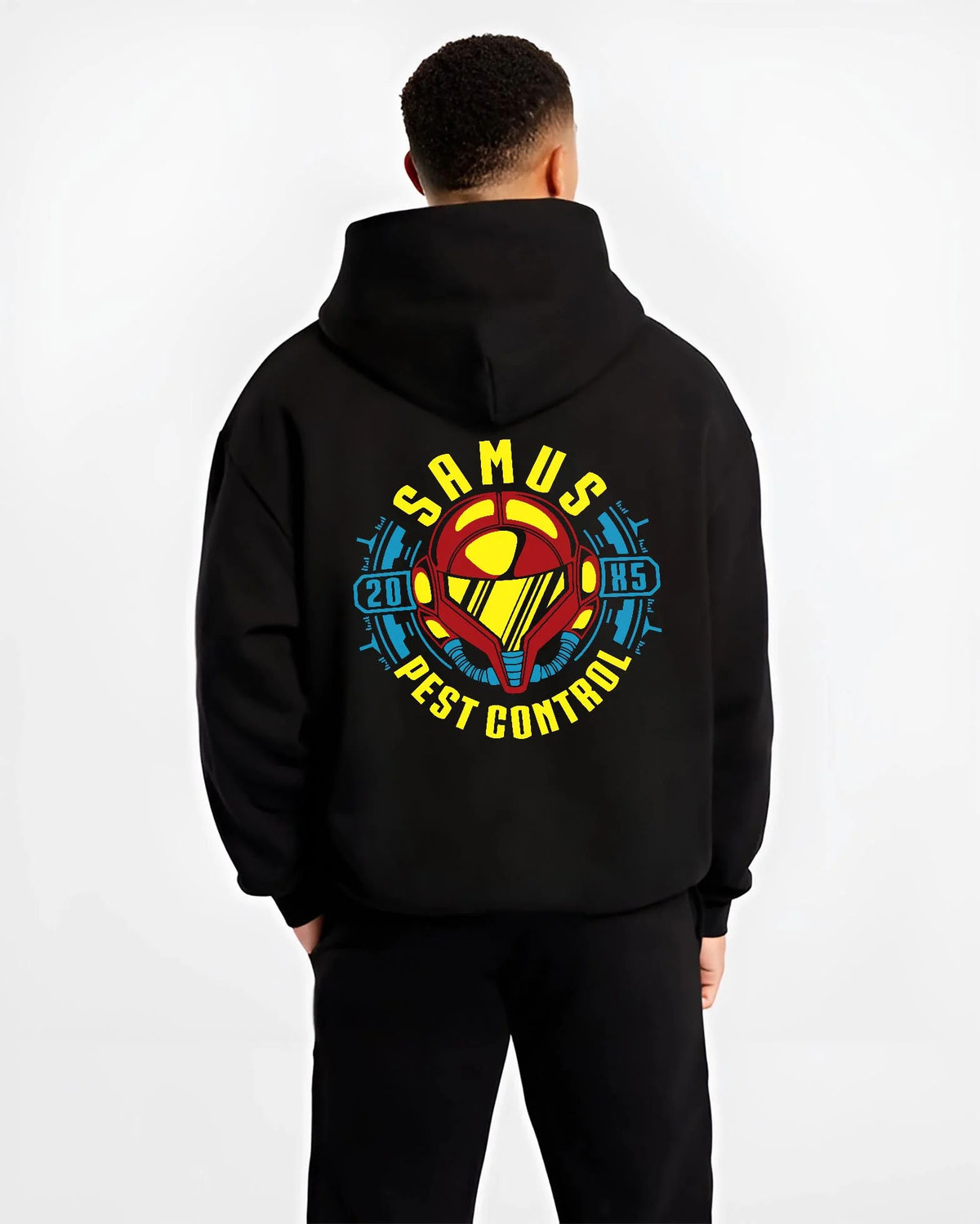 Black hoodie worn by male model from the back featuring Samus Aran pest control bounty hunter Metroid artwork.