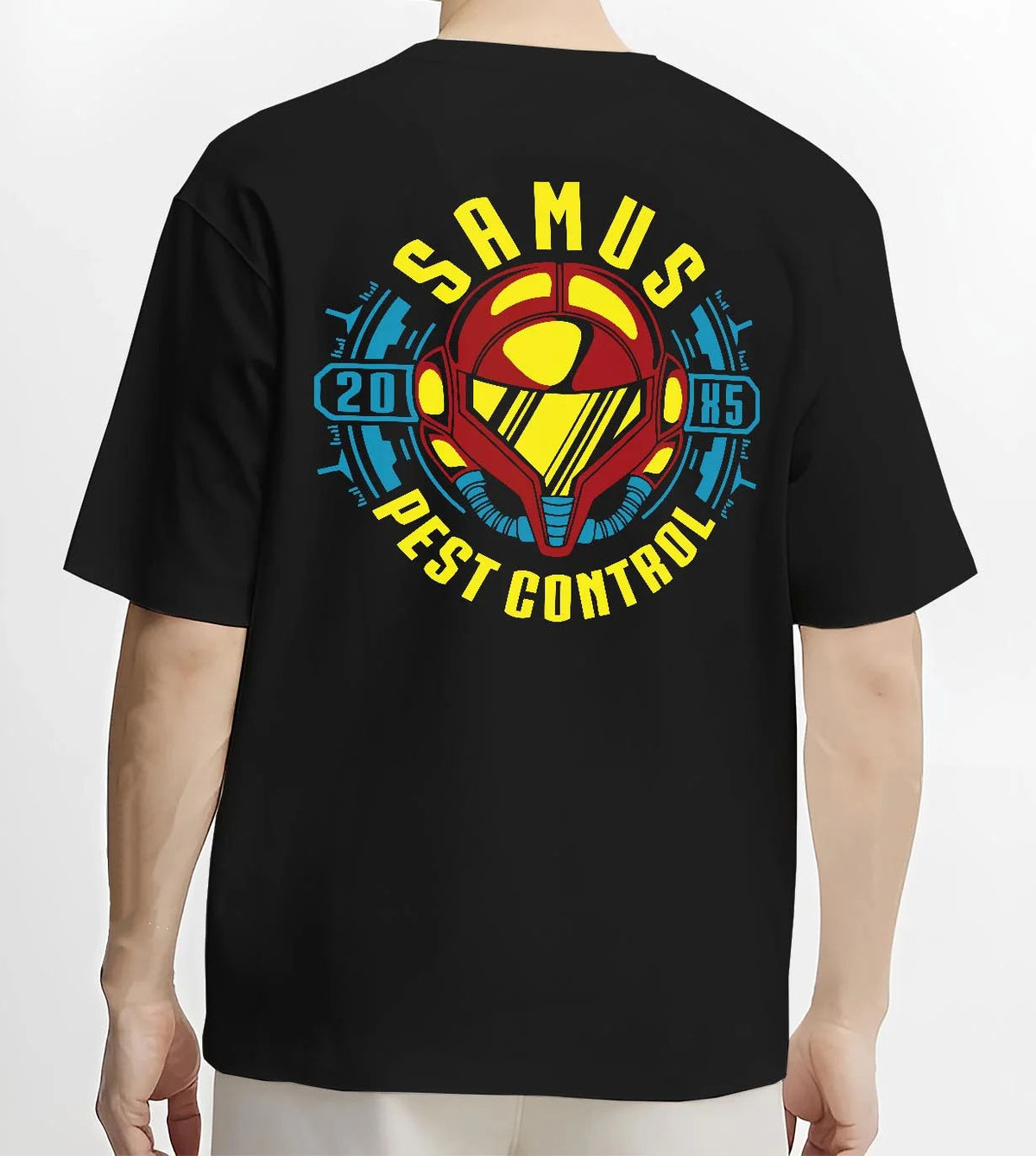 Black T-shirt worn by male model from the back featuring Samus Aran pest control bounty hunter Metroid artwork.