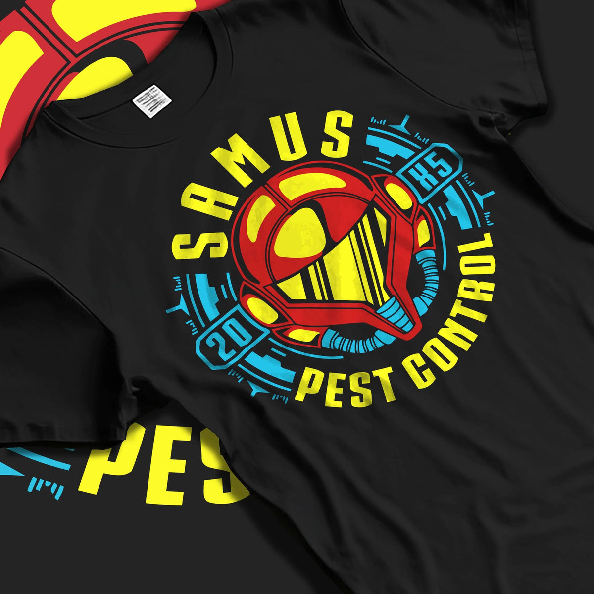 Black T-shirt laid flat with natural folds featuring Samus Aran pest control bounty hunter Metroid artwork.
