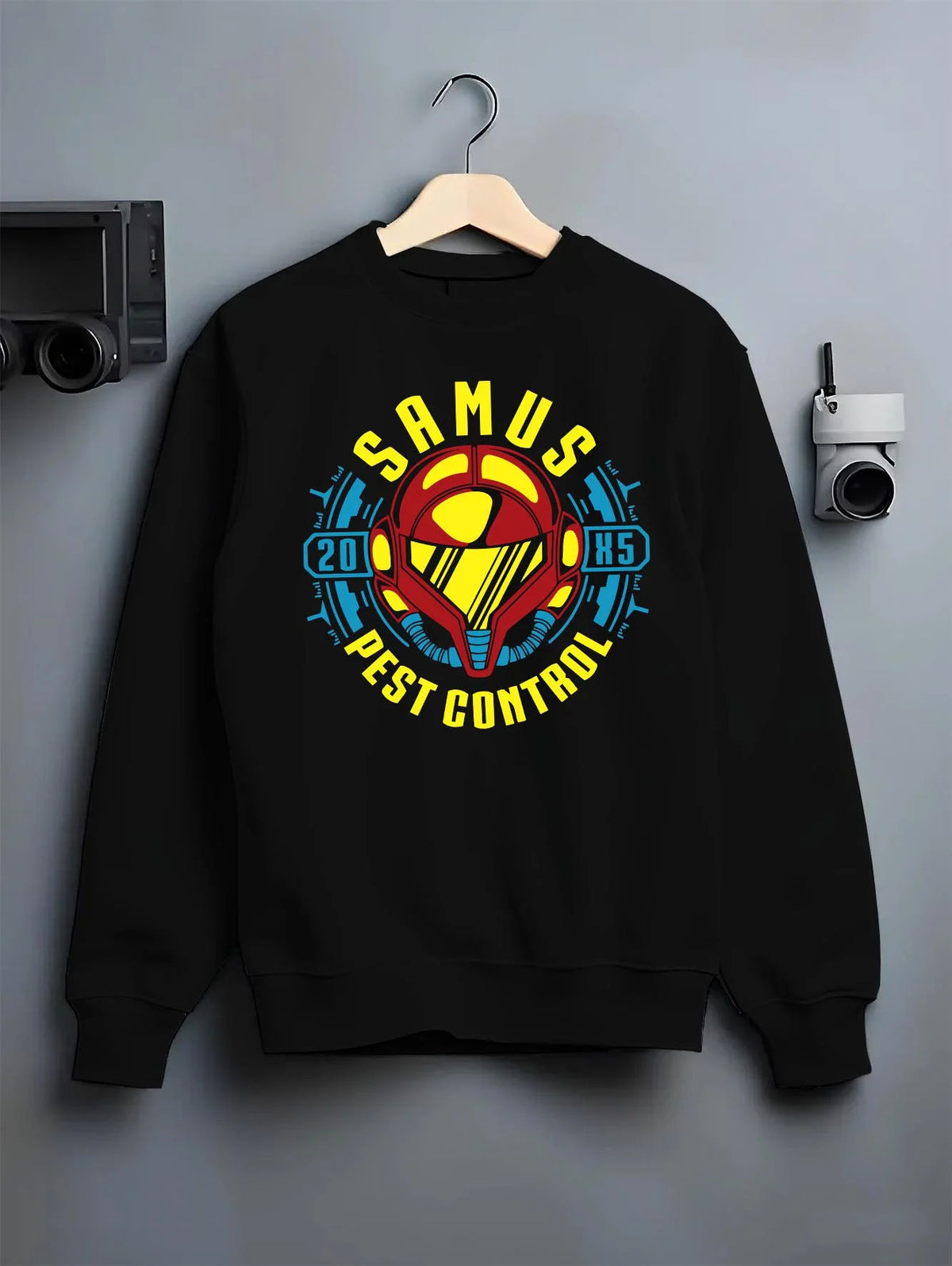 Black crewneck sweatshirt on hanger featuring Samus Aran pest control bounty hunter Metroid artwork.