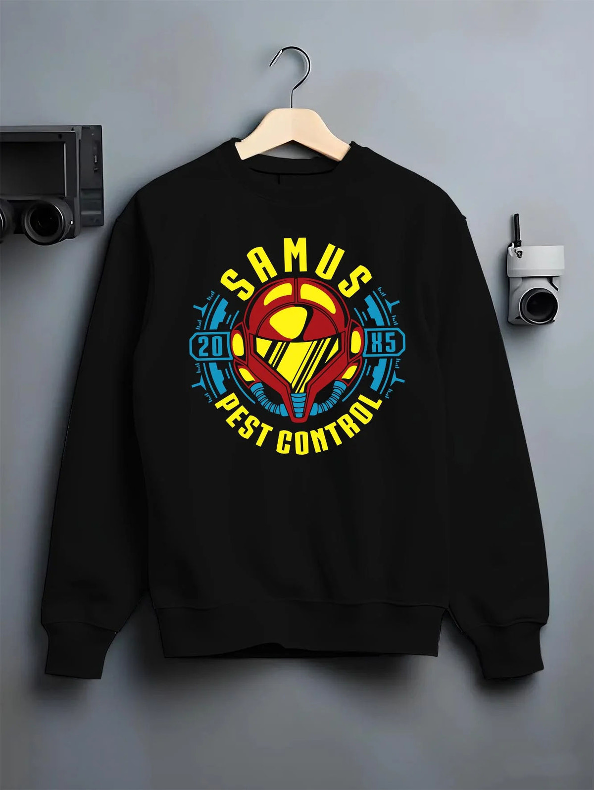 Black crewneck sweatshirt on hanger featuring Samus Aran pest control bounty hunter Metroid artwork.
