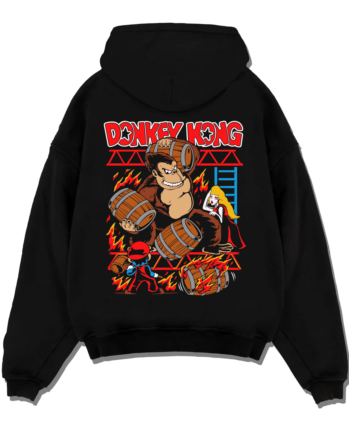Black hoodie laid flat featuring Donkey Kong barrel throw artwork.