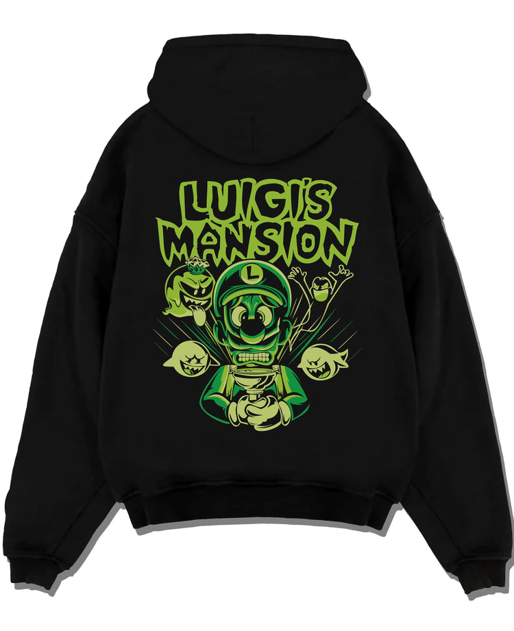 Black hoodie laid flat featuring Luigi ghost hunter Luigi's Mansion artwork.
