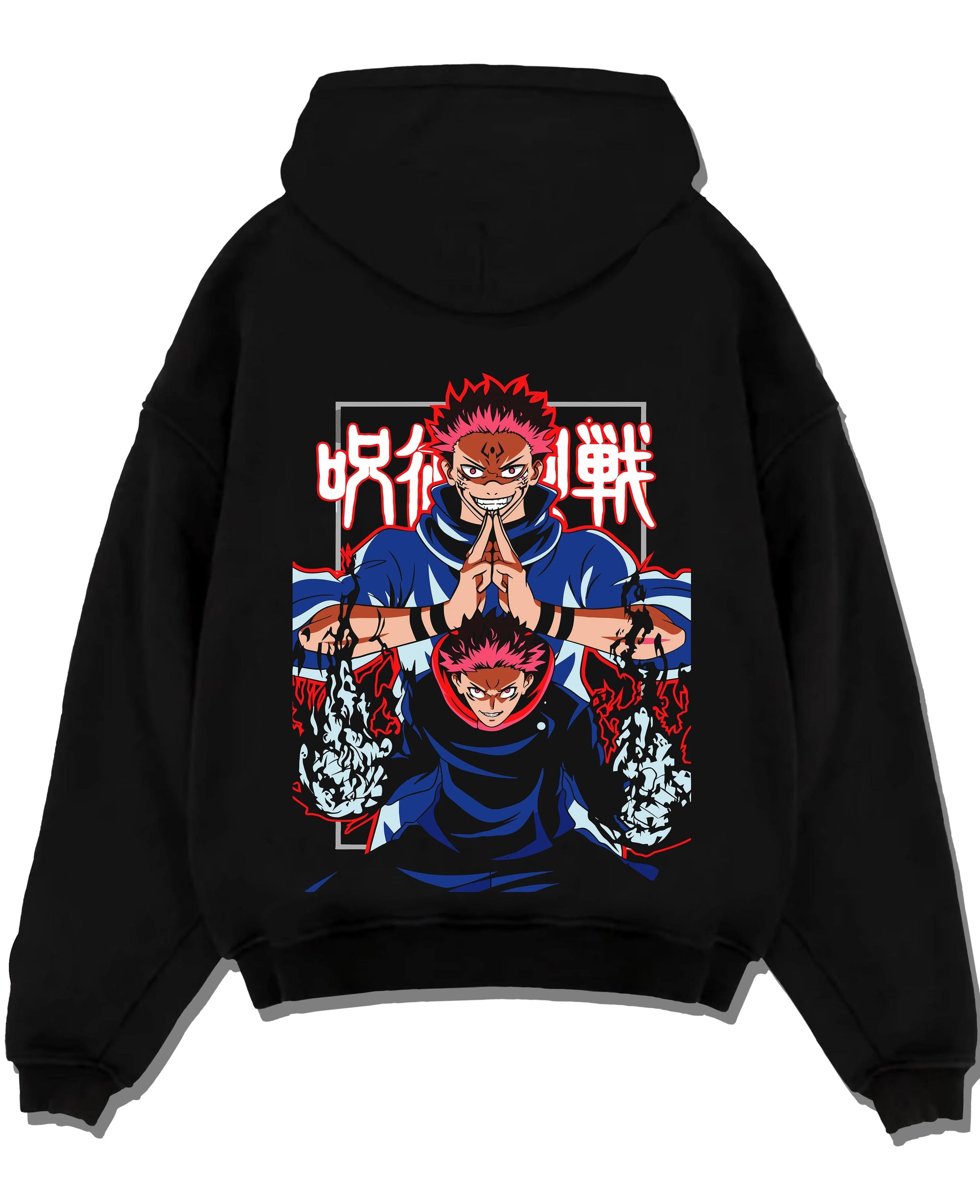 Black pullover hoodie laid flat with Yuji Itadori Hoodie Jujutsu Kaisen Action Pose graphic streetwear graphic.