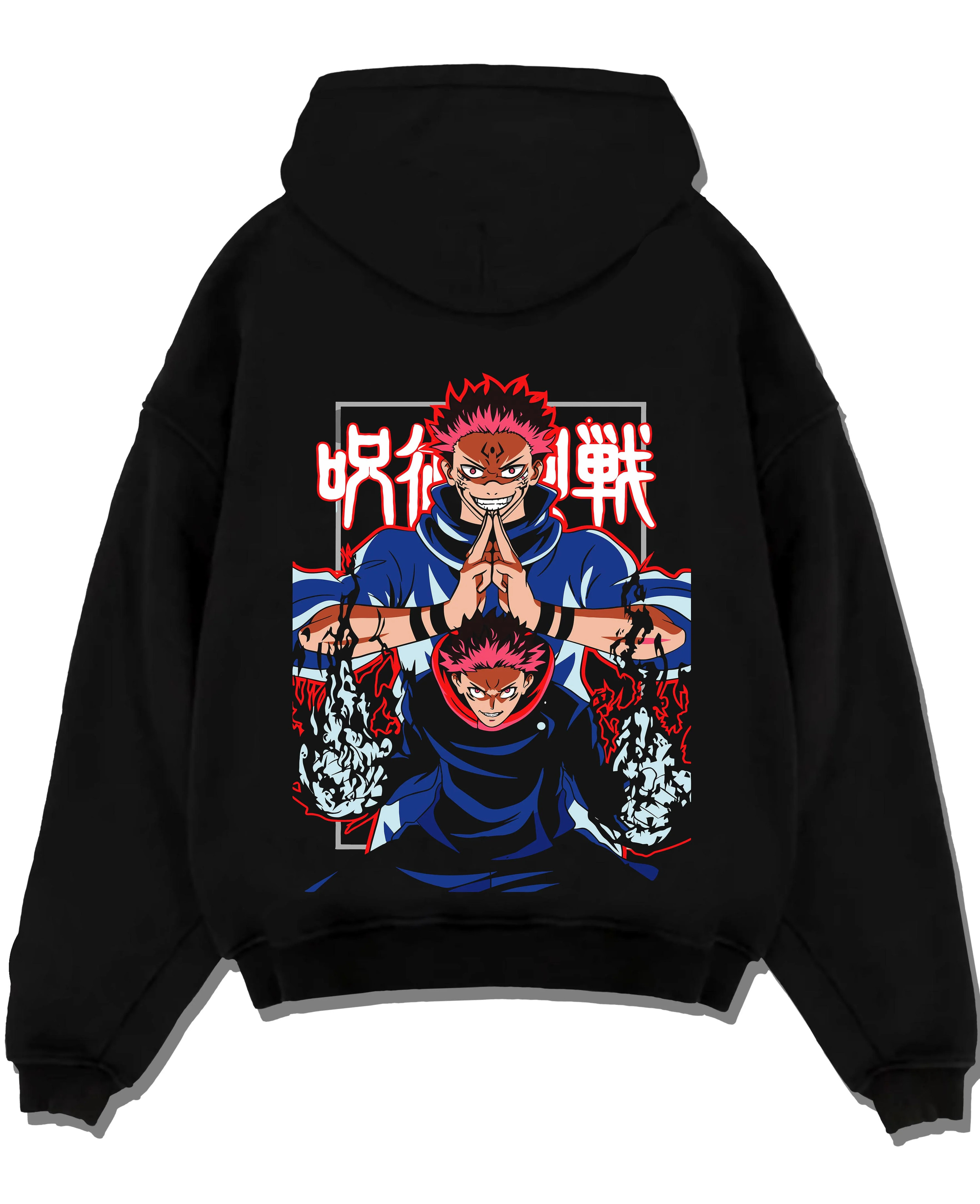 Black pullover hoodie laid flat with Yuji Itadori Hoodie Jujutsu Kaisen Action Pose graphic streetwear graphic.
