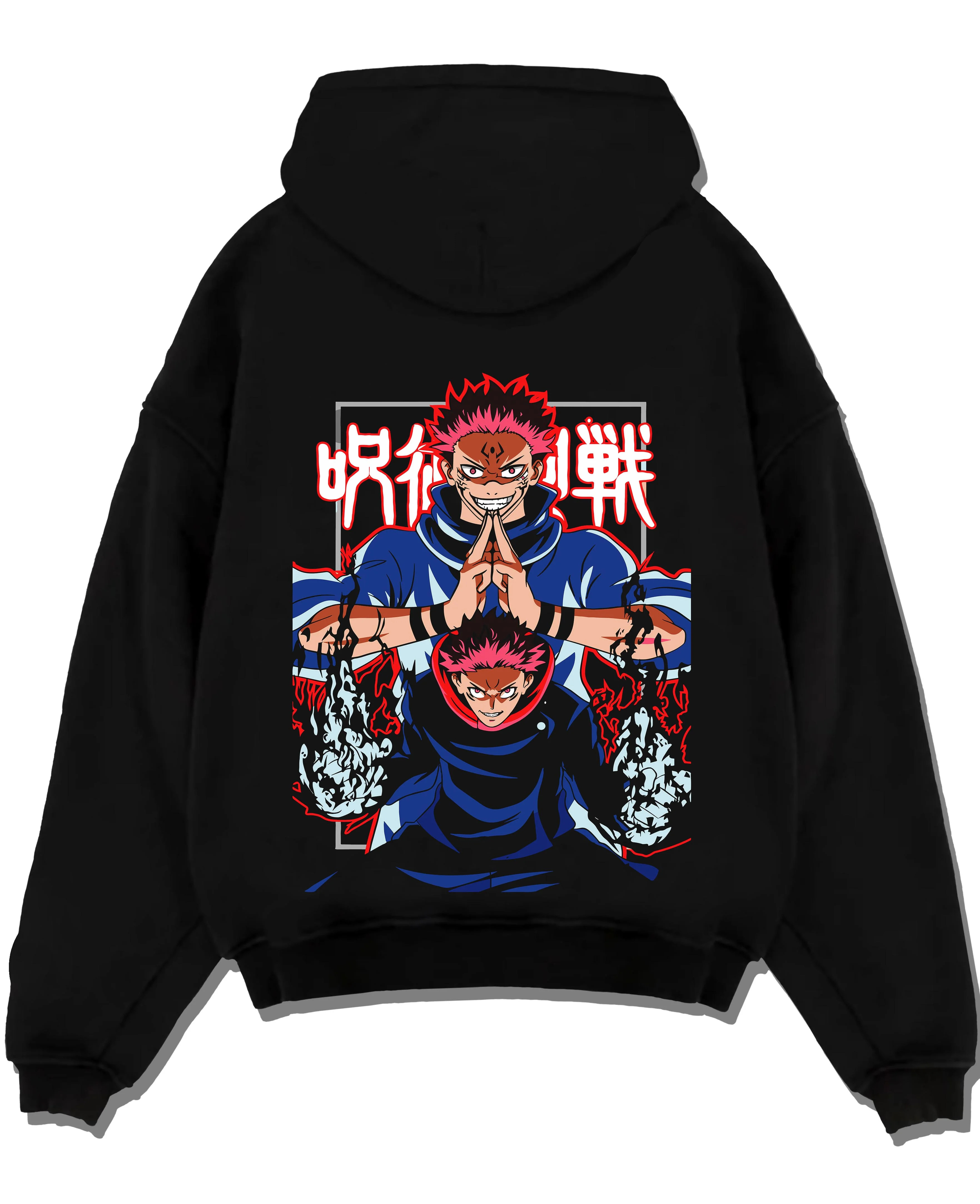 Black pullover hoodie laid flat with Yuji Itadori Hoodie Jujutsu Kaisen Action Pose graphic streetwear graphic.