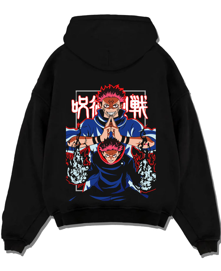 Black pullover hoodie laid flat with Yuji Itadori Hoodie Jujutsu Kaisen Action Pose graphic streetwear graphic.