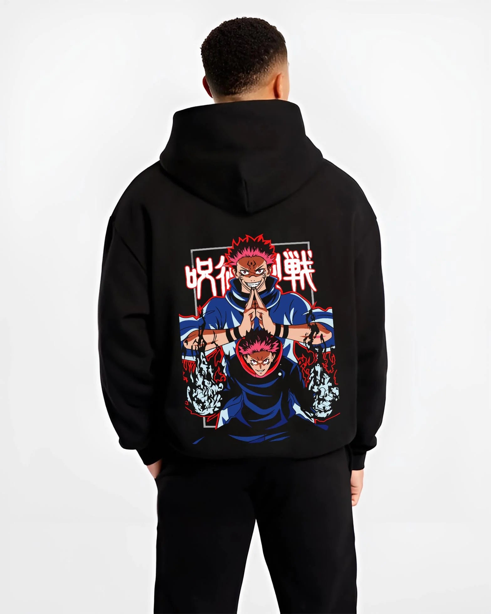 Black hoodie worn by male model, back view with Yuji Itadori Hoodie Jujutsu Kaisen Action Pose graphic bold anime graphic.