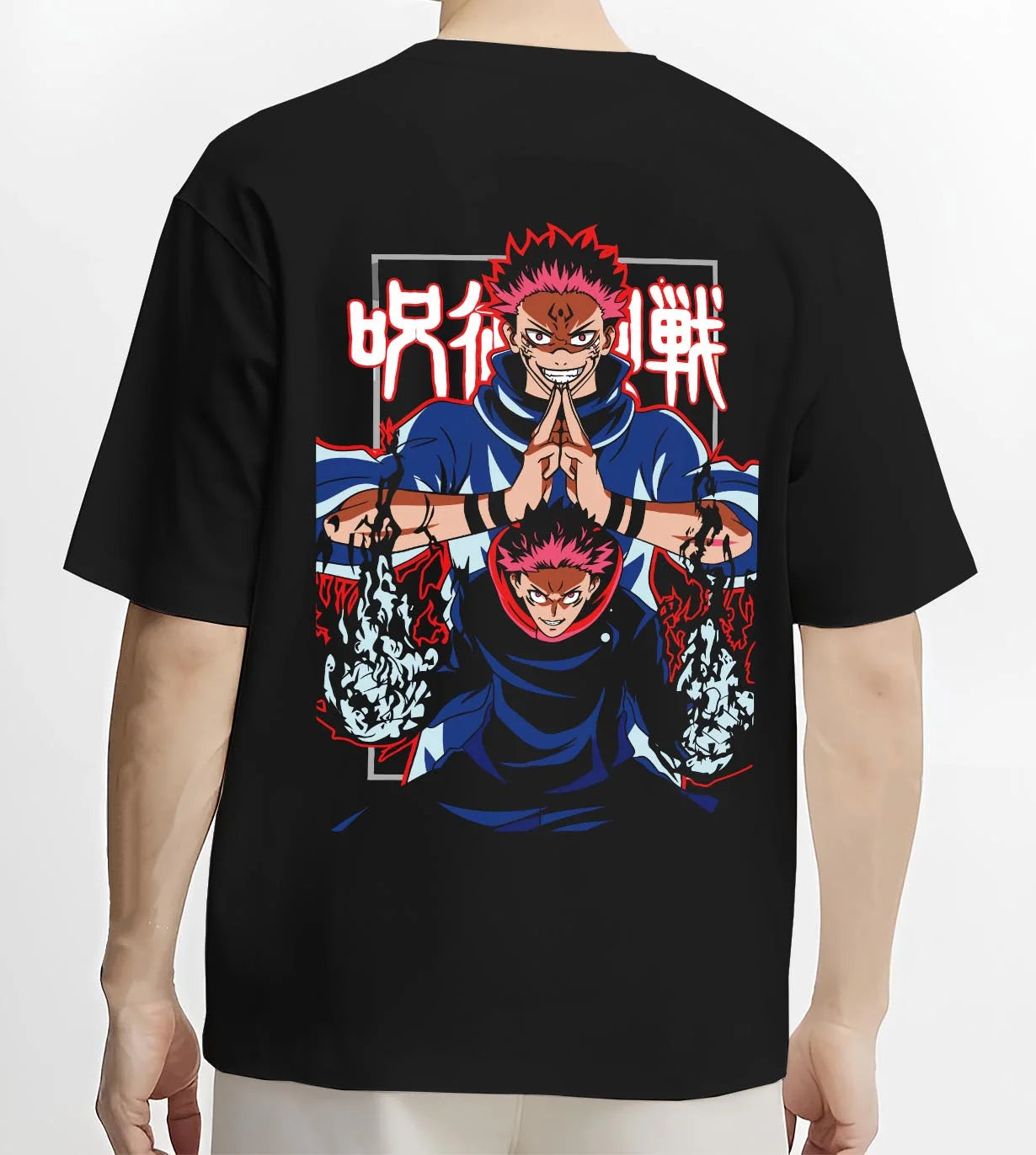 Black T-shirt worn by male model, back view with Yuji Itadori Hoodie Jujutsu Kaisen Action Pose graphic bold anime graphic.