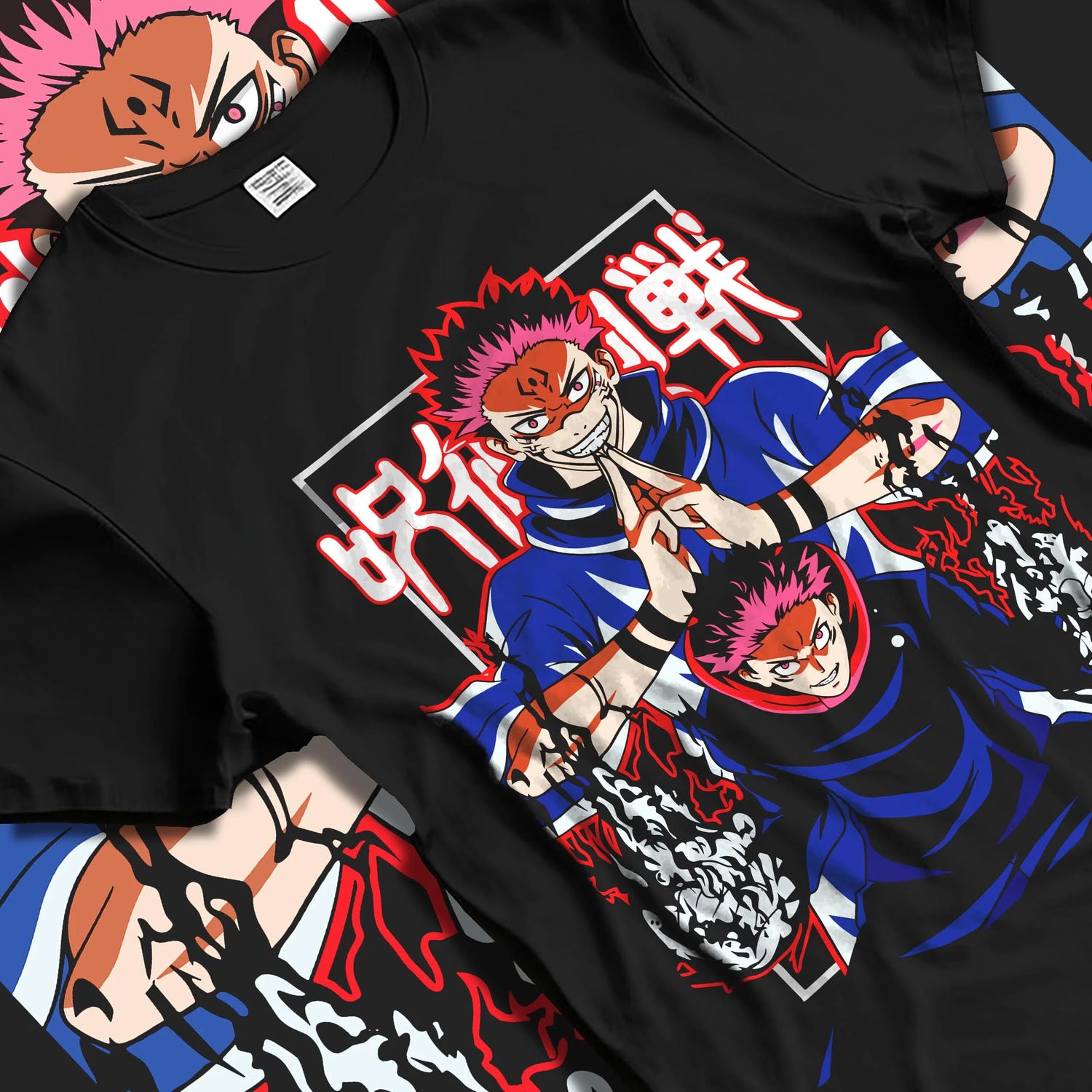 Black T-shirt laid flat with natural folds with Yuji Itadori Hoodie Jujutsu Kaisen Action Pose graphic streetwear graphic.