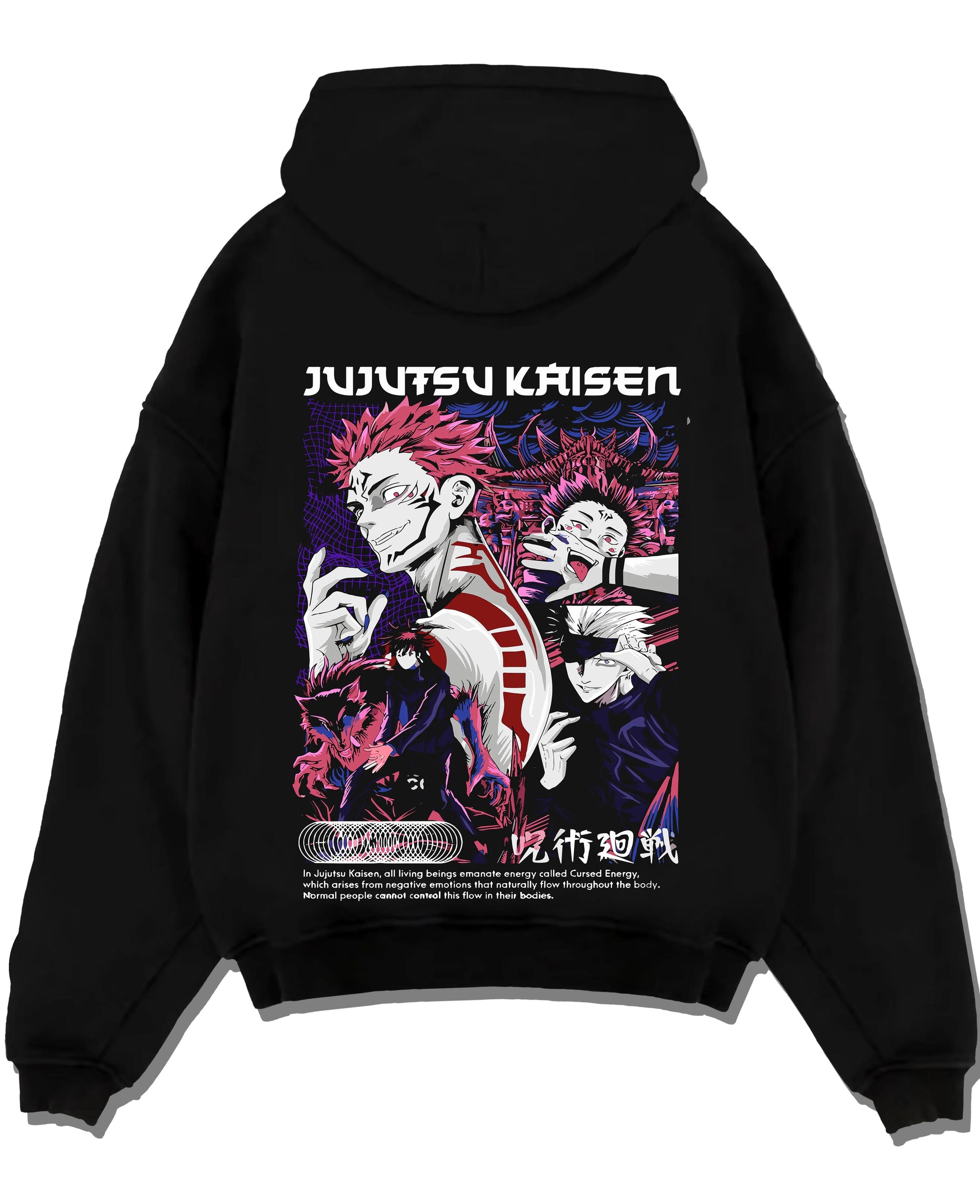 Black pullover hoodie laid flat with Itadori Sukuna Hoodie Jujutsu Kaisen Curse Clash graphic bold anime graphic.